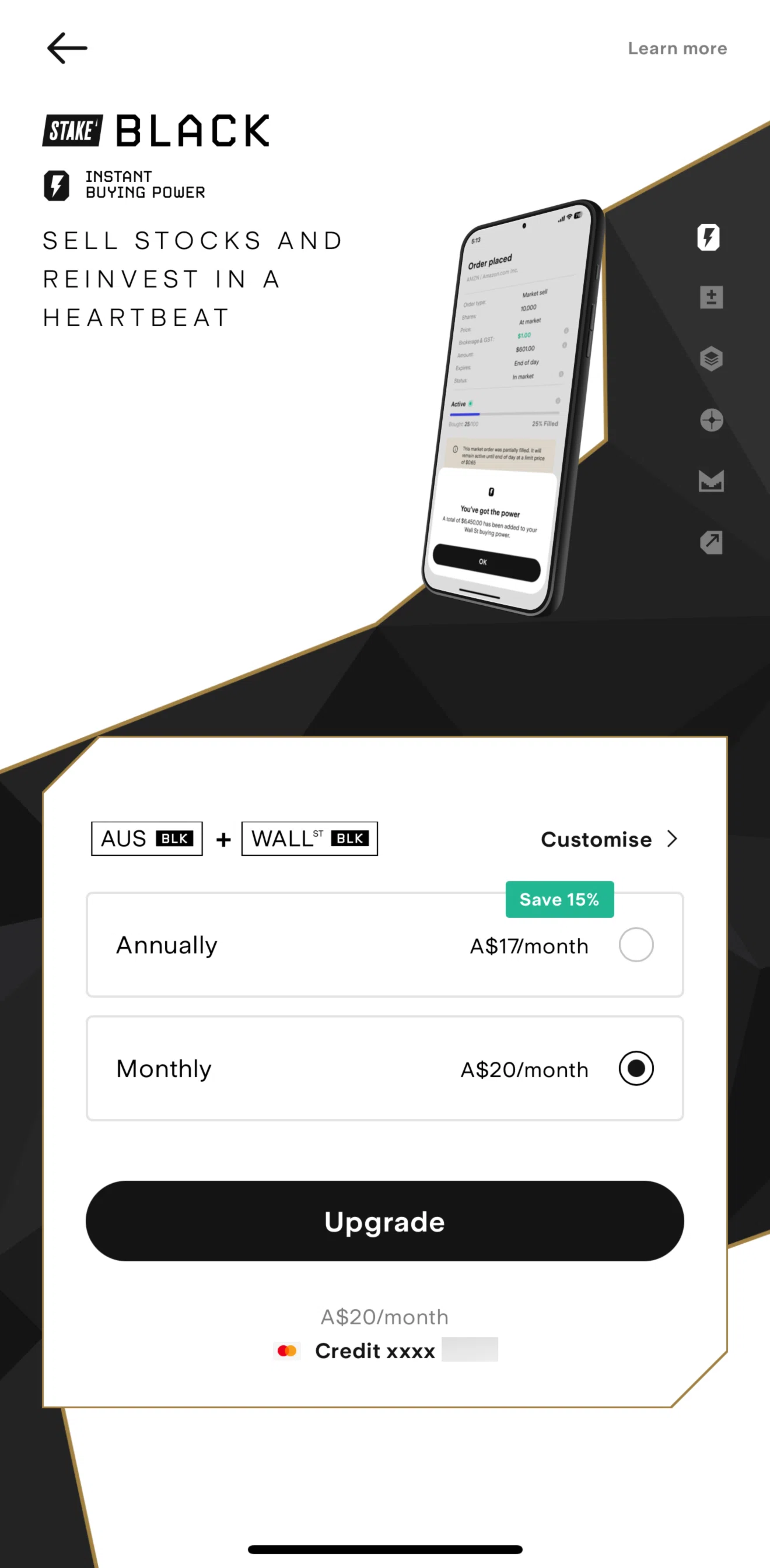 Stake Screen screen in the Customizing a membership flow