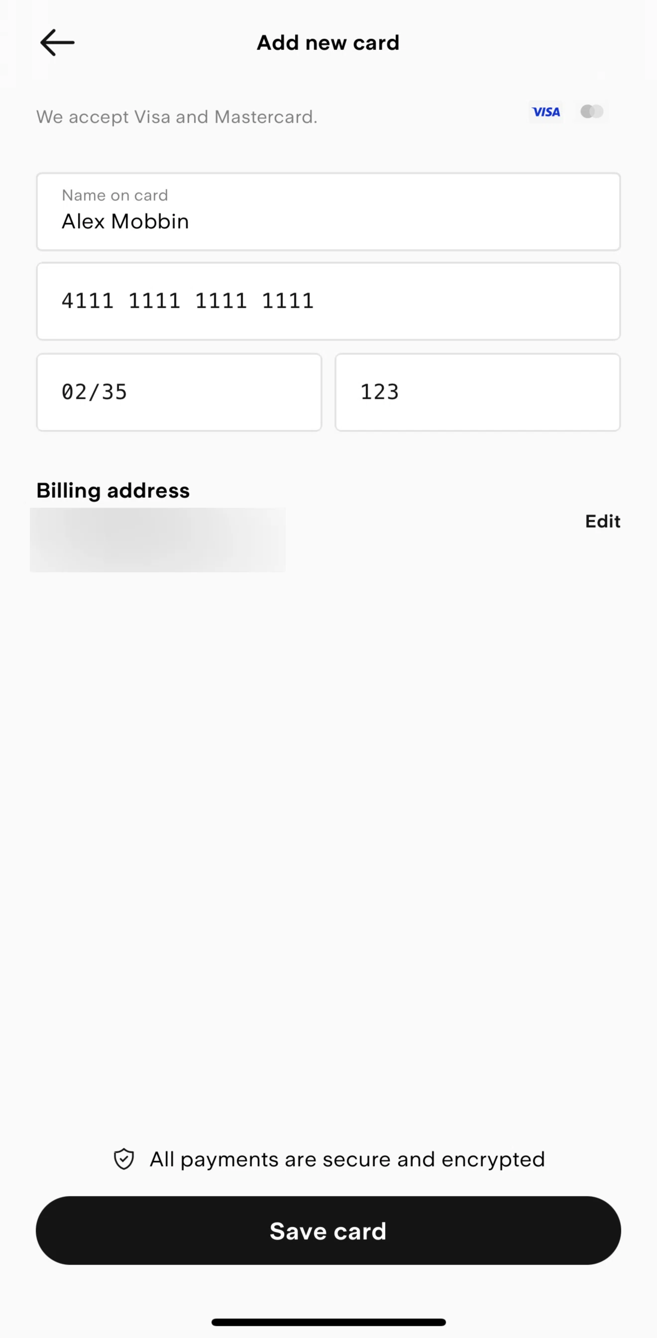Stake Screen screen in the Editing a billing address flow
