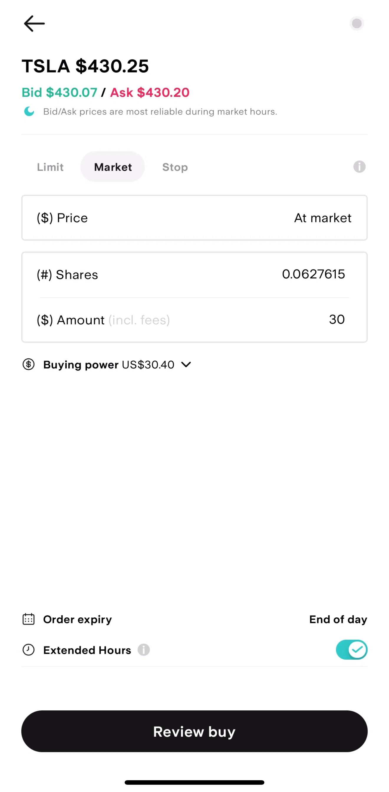 Stake Screen screen in the Enabling extended hours flow