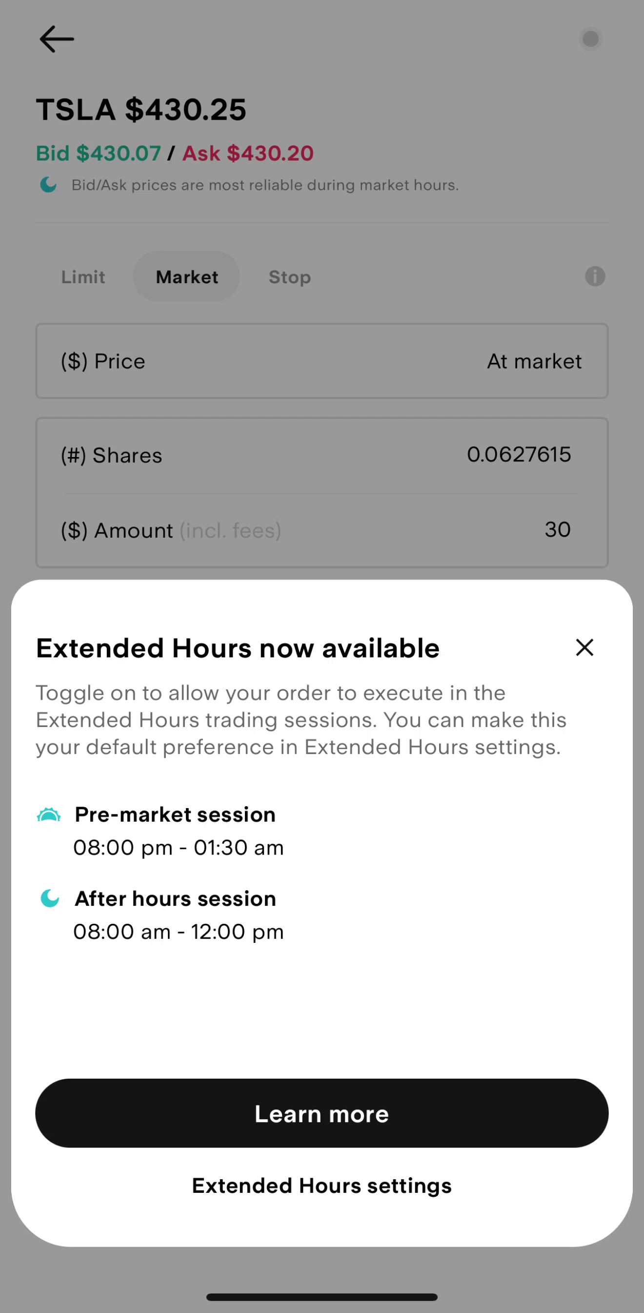 Stake Screen screen in the Extended hours settings flow