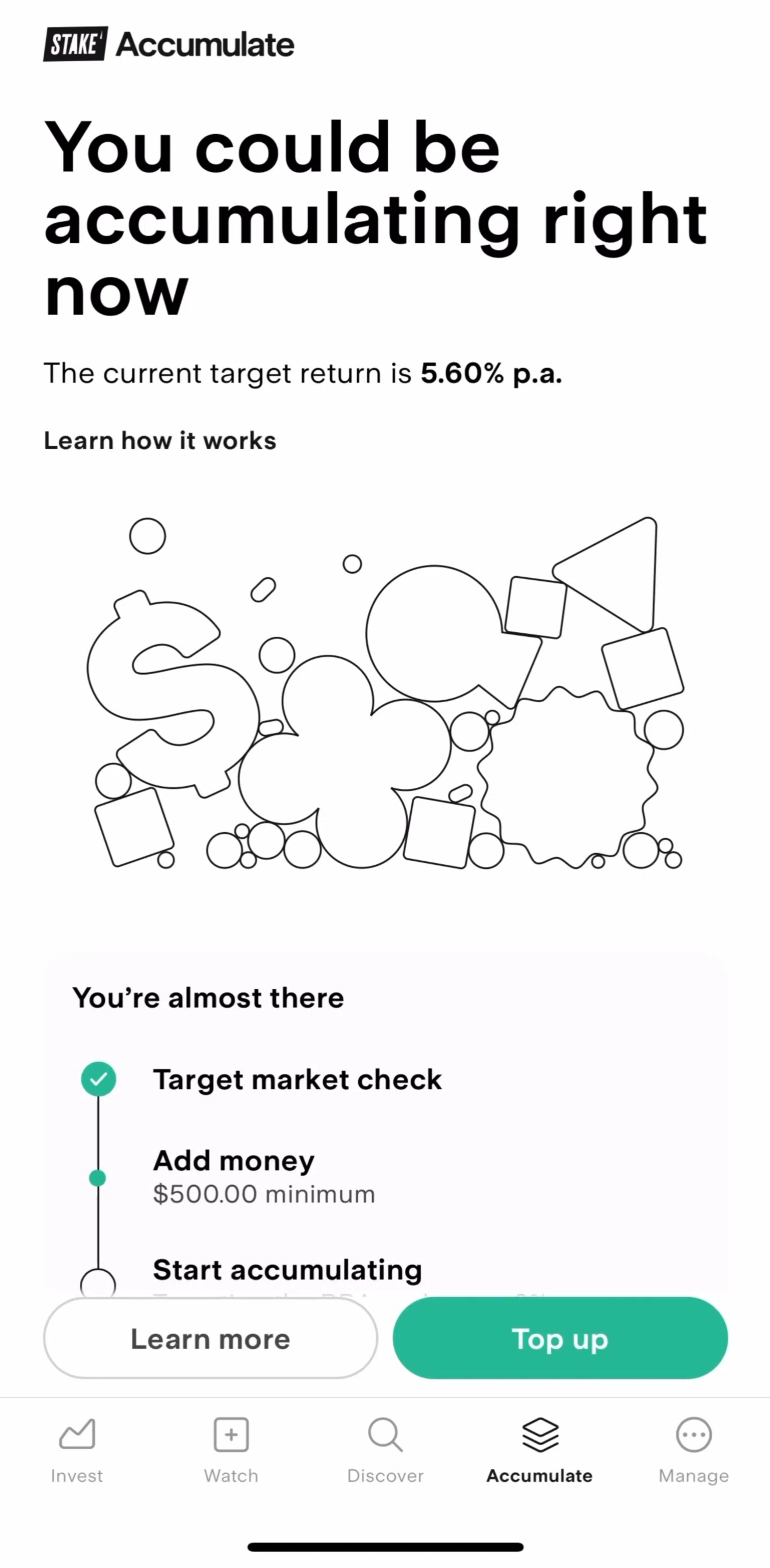 Stake Screen screen in the Learn more (Accumulate) flow