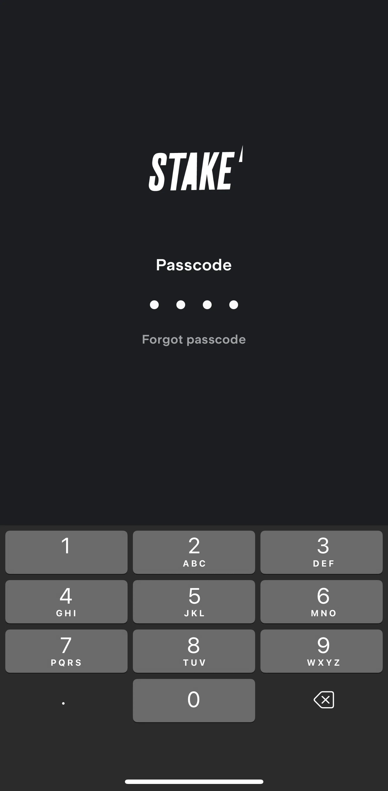 Stake Screen screen in the Logging out (reset passcode) flow