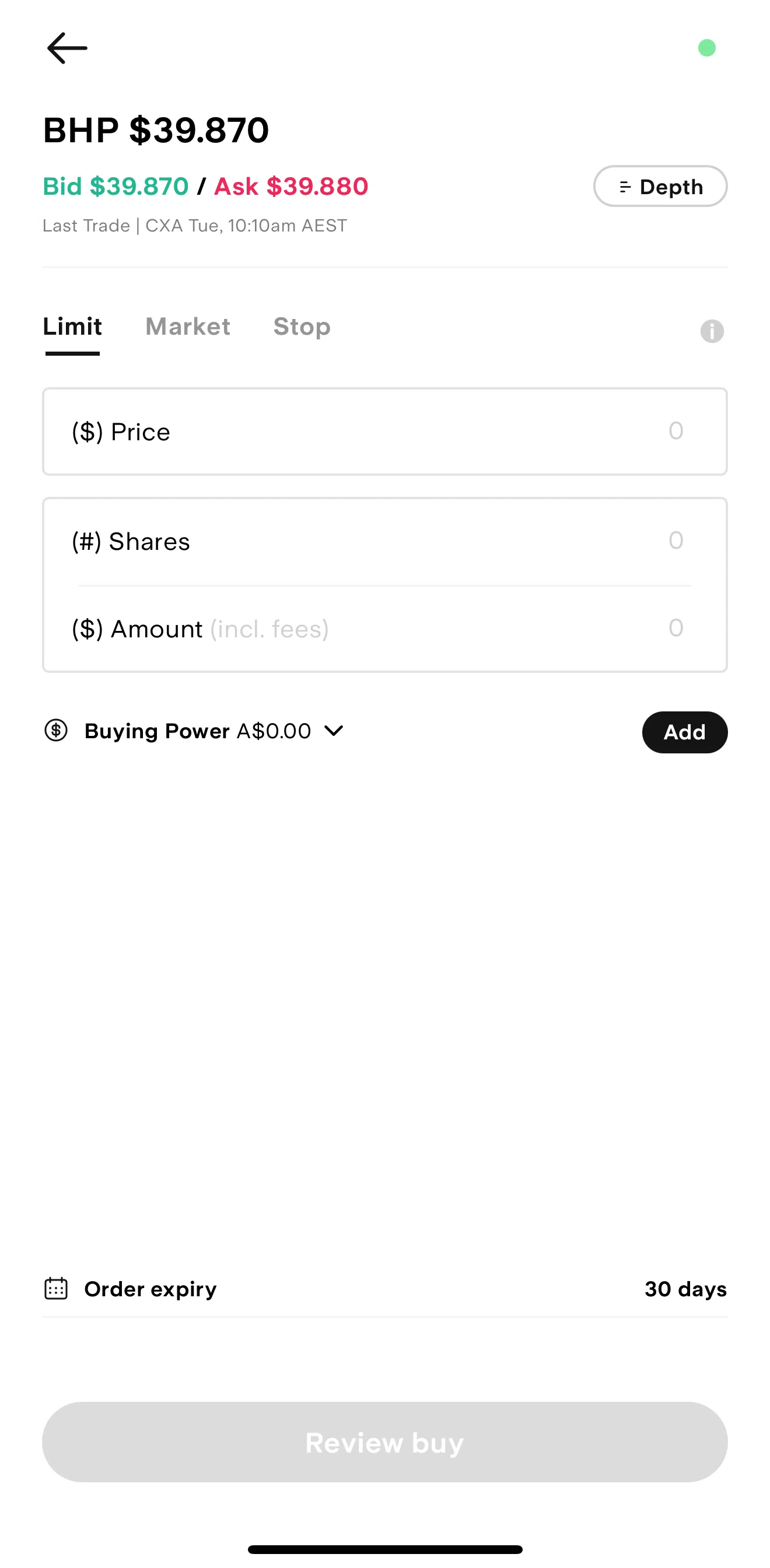 Stake Screen screen in the Market depth flow