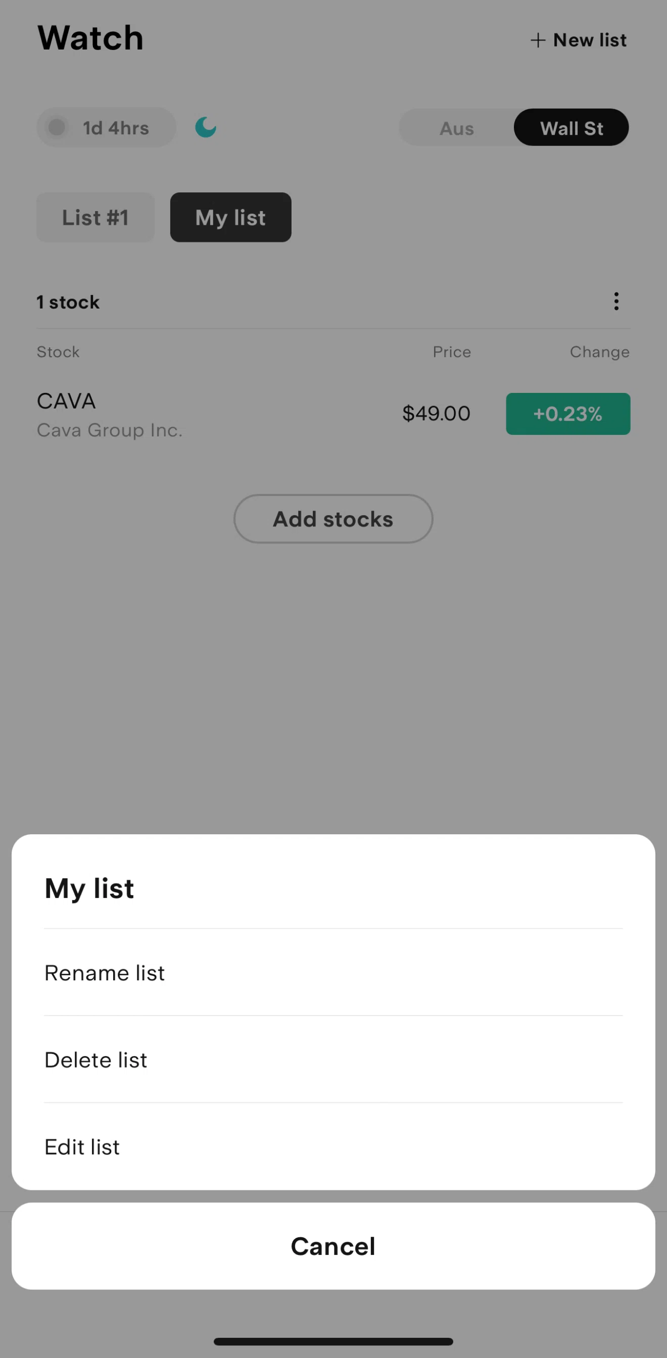 Stake Screen screen in the Moving a stock to another list flow