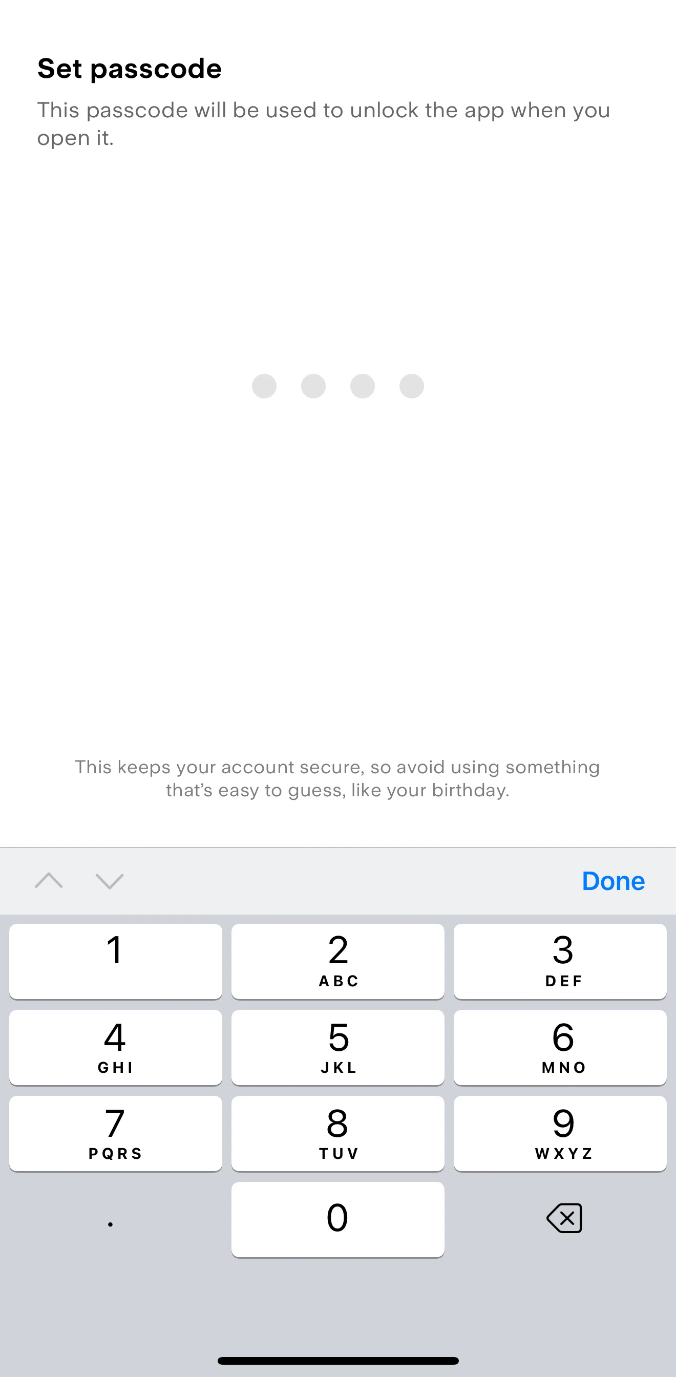 Stake Screen screen in the Setting up a passcode flow