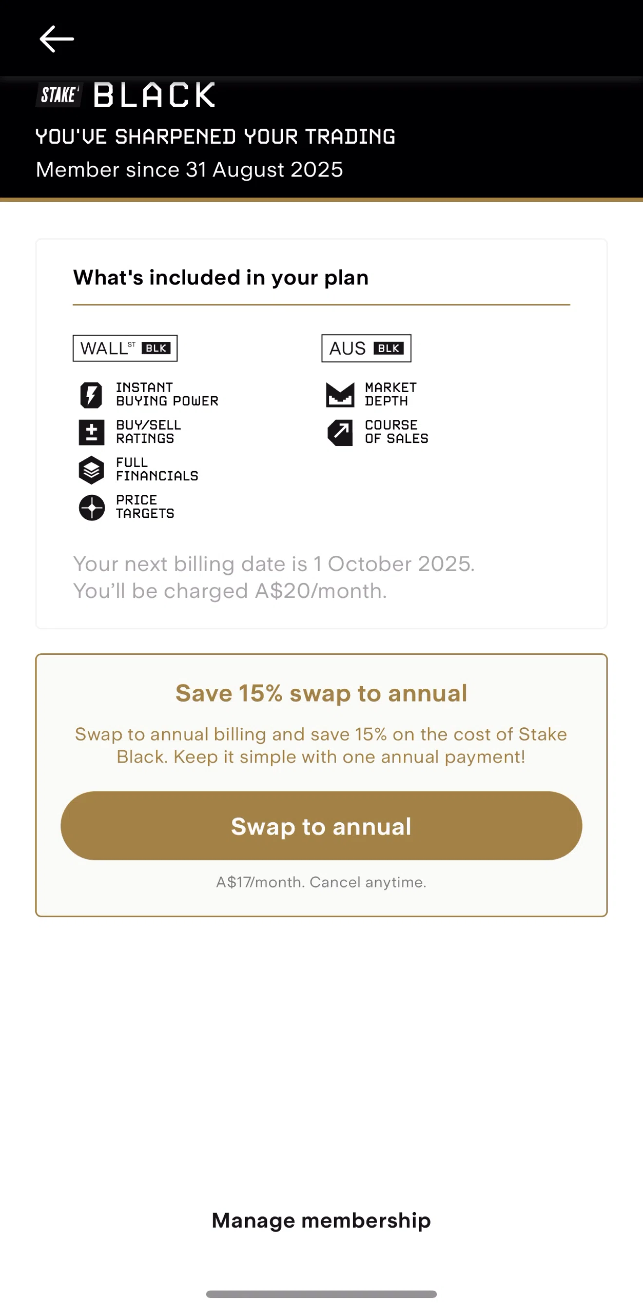 Stake Screen screen in the Swap to annual billing flow