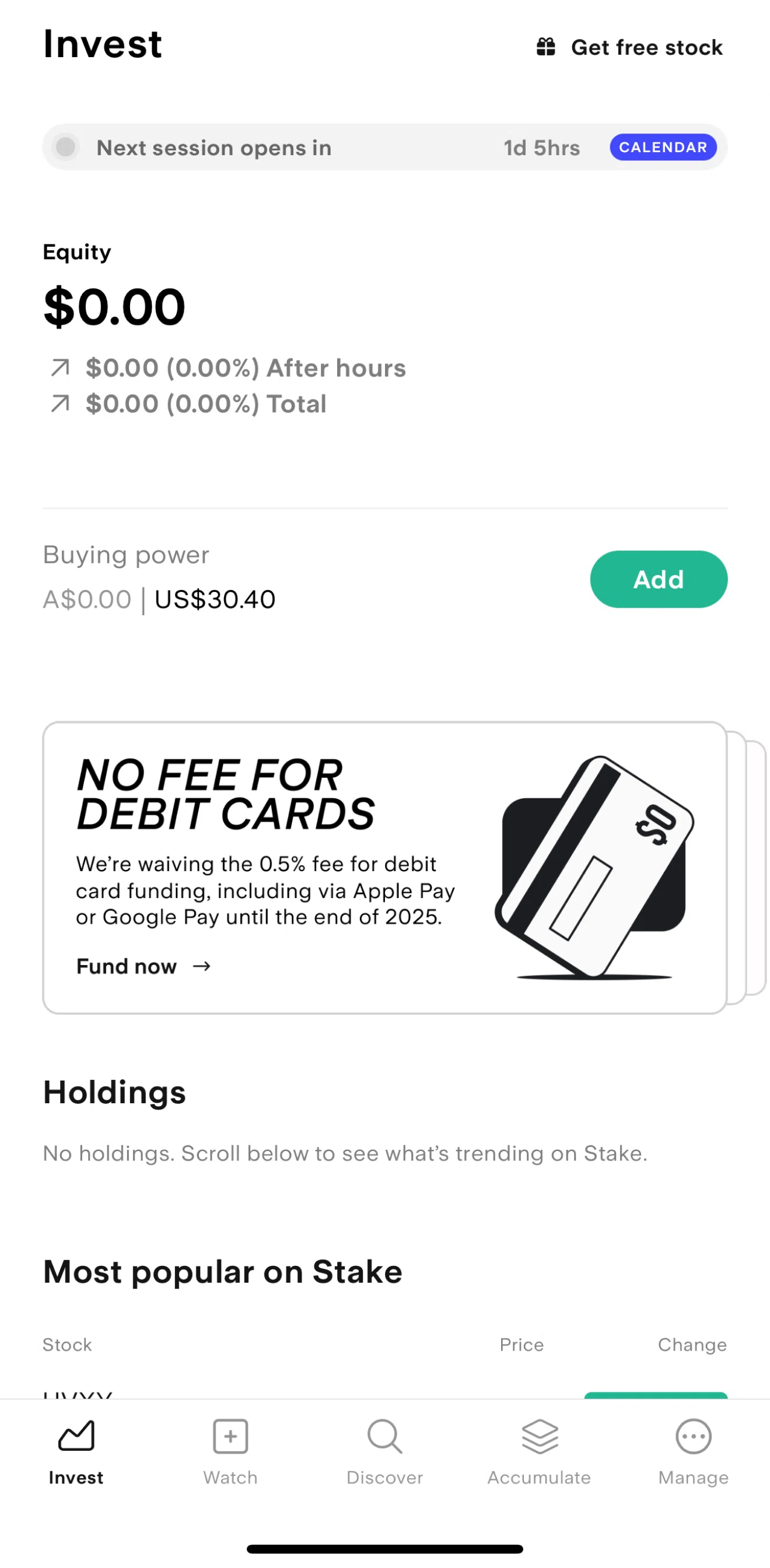 Stake Screen screen in the Trading hours and calendar flow