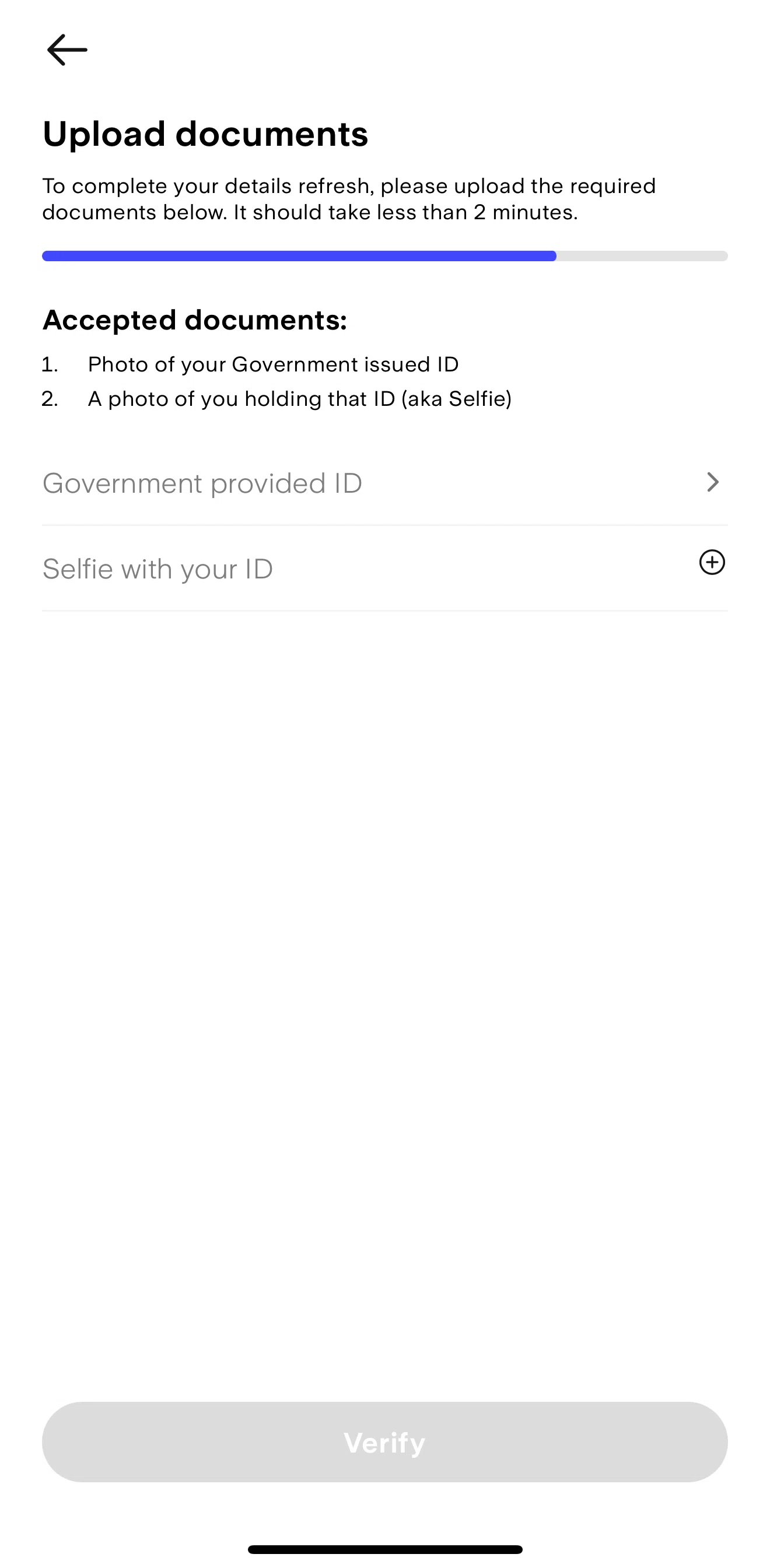 Stake Screen screen in the Uploading documents flow