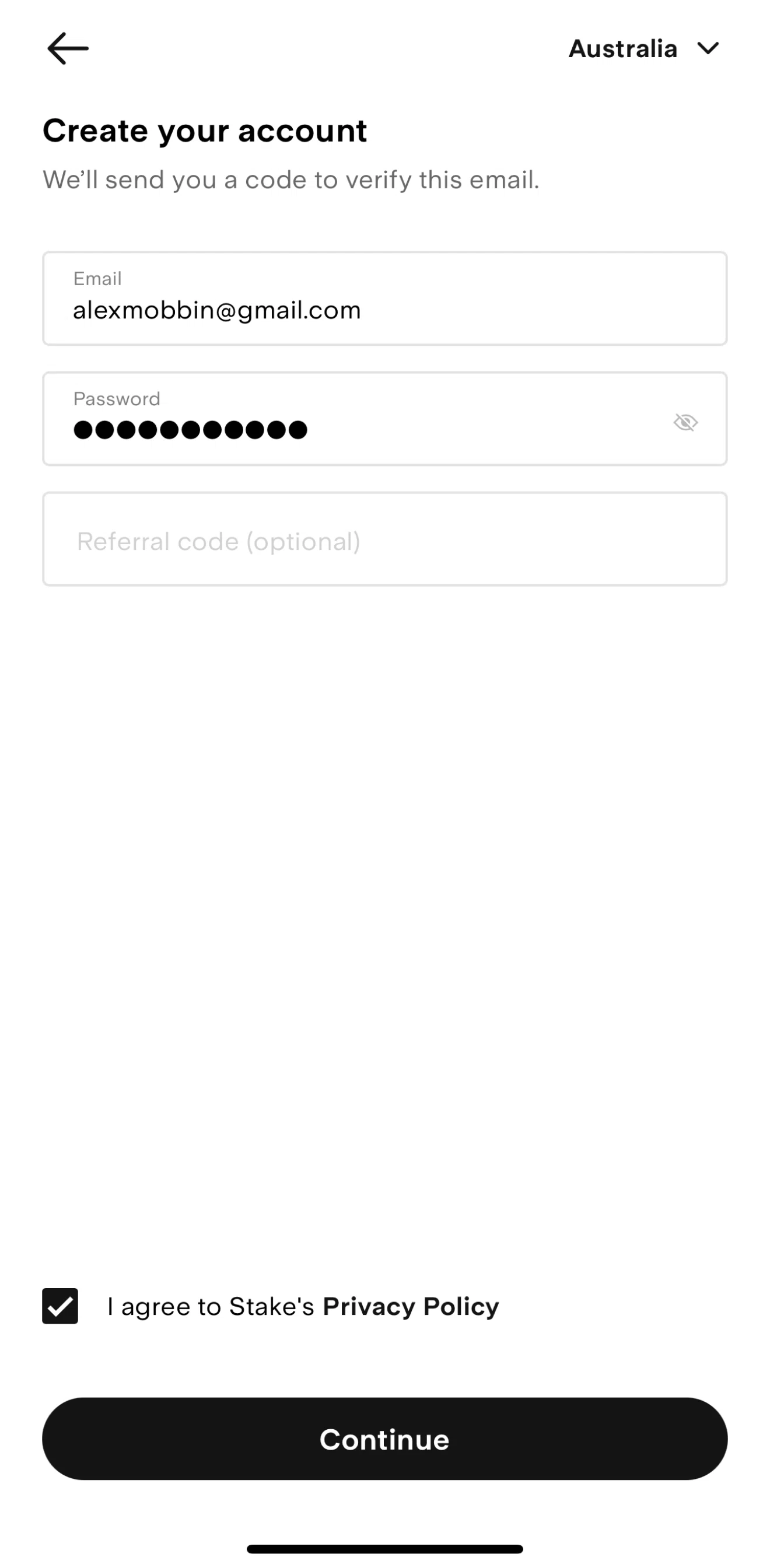 Stake Screen screen in the Verifying email flow