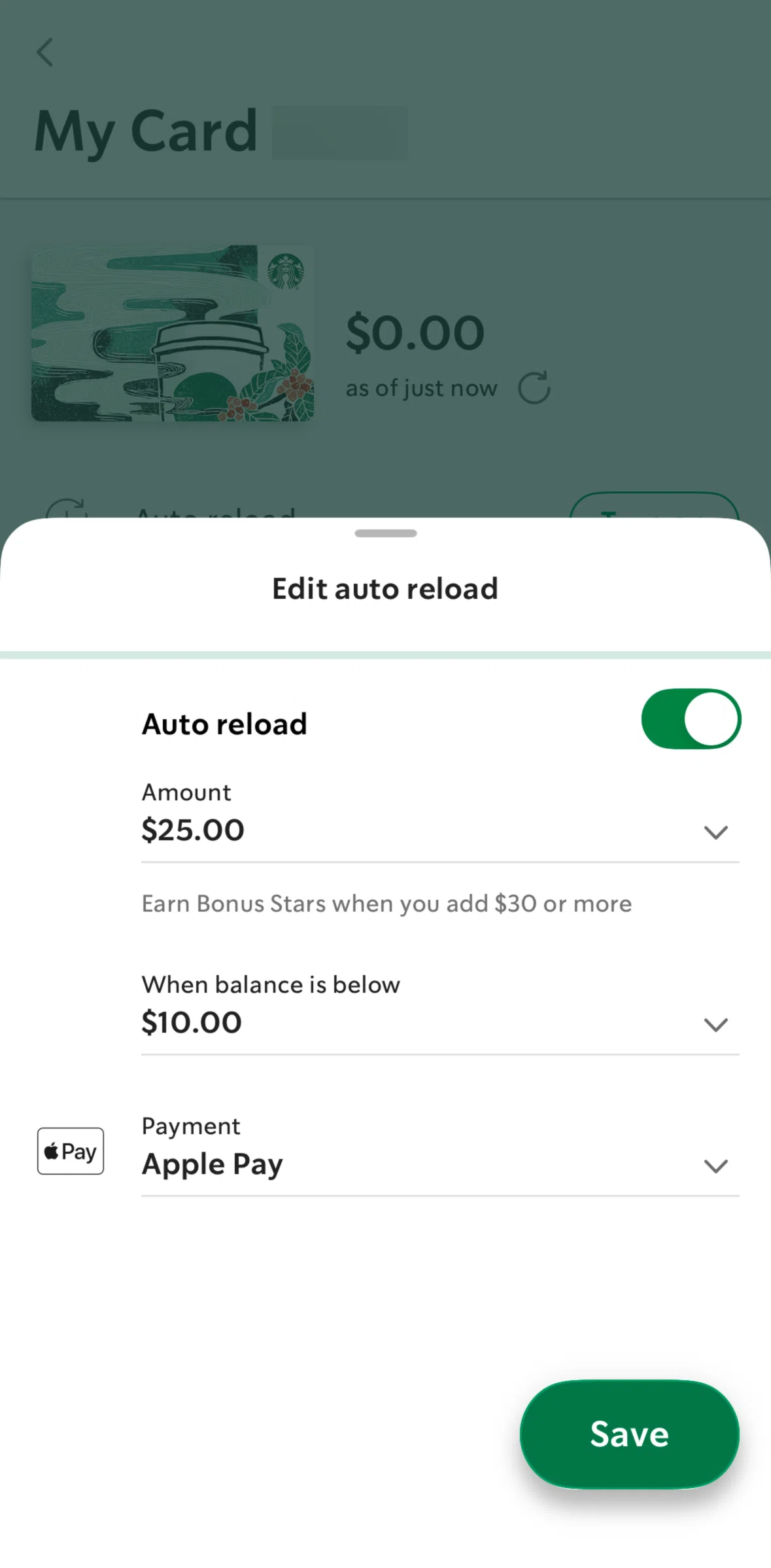 Starbucks Screen screen in the Adding a payment method flow