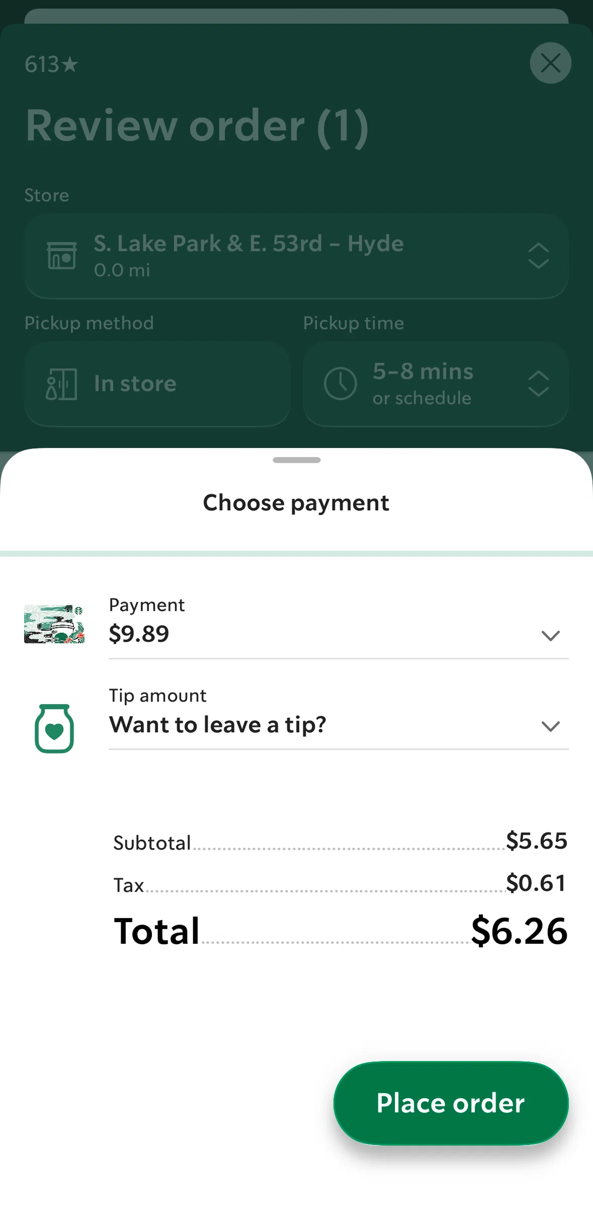 Starbucks Screen screen in the Adding a tip flow