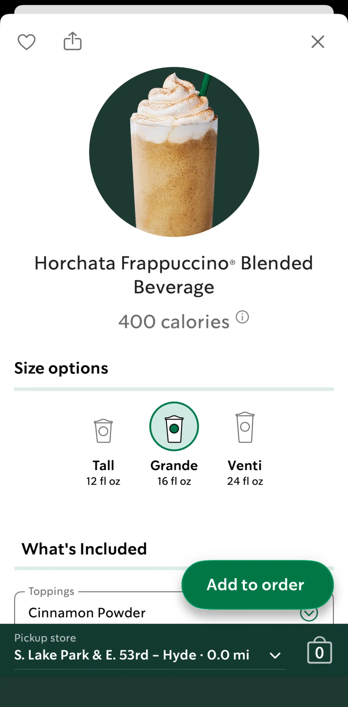 Starbucks Screen screen in the Adding to cart (pickup) flow