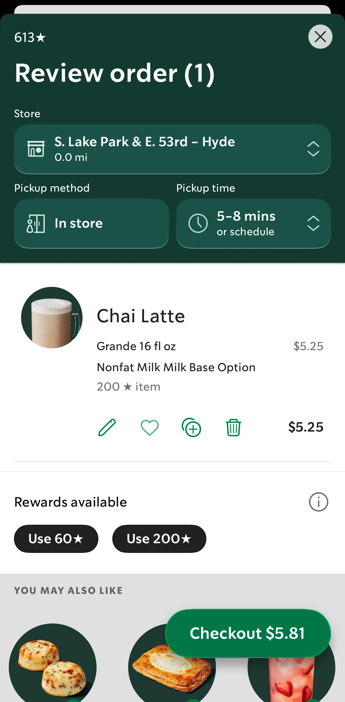 Starbucks Screen screen in the Changing pick up time flow