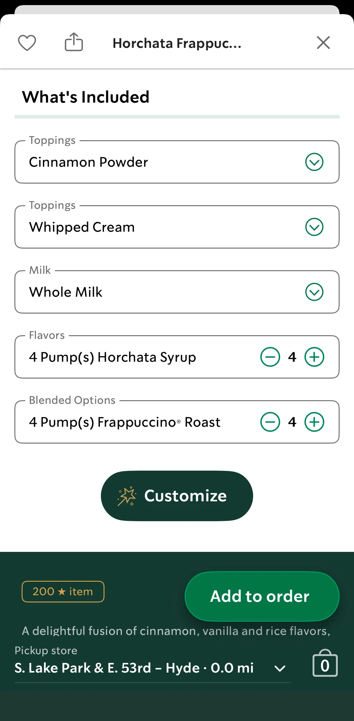 Starbucks Screen screen in the Customizing a menu flow