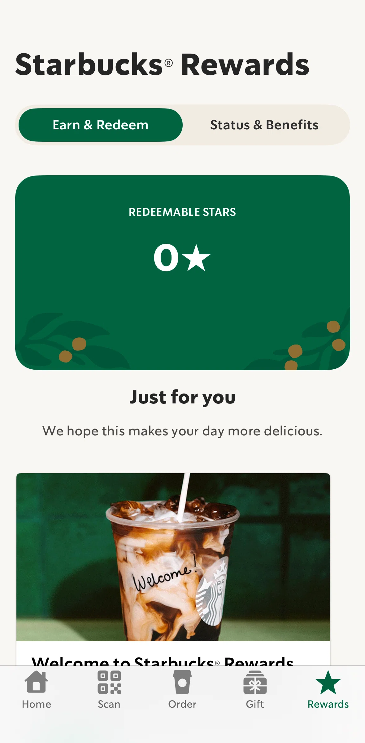 Starbucks Screen screen in the Earn & redeem flow