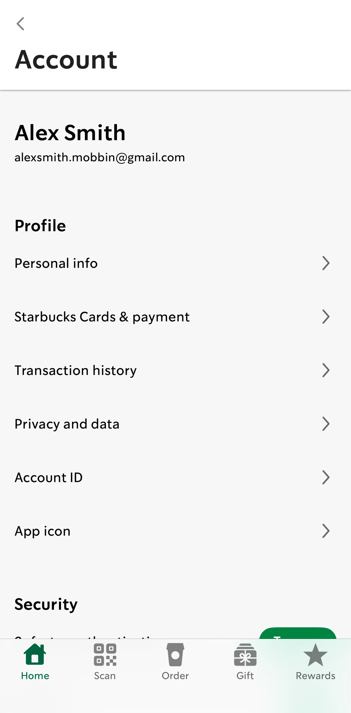Starbucks Screen screen in the Editing profile flow