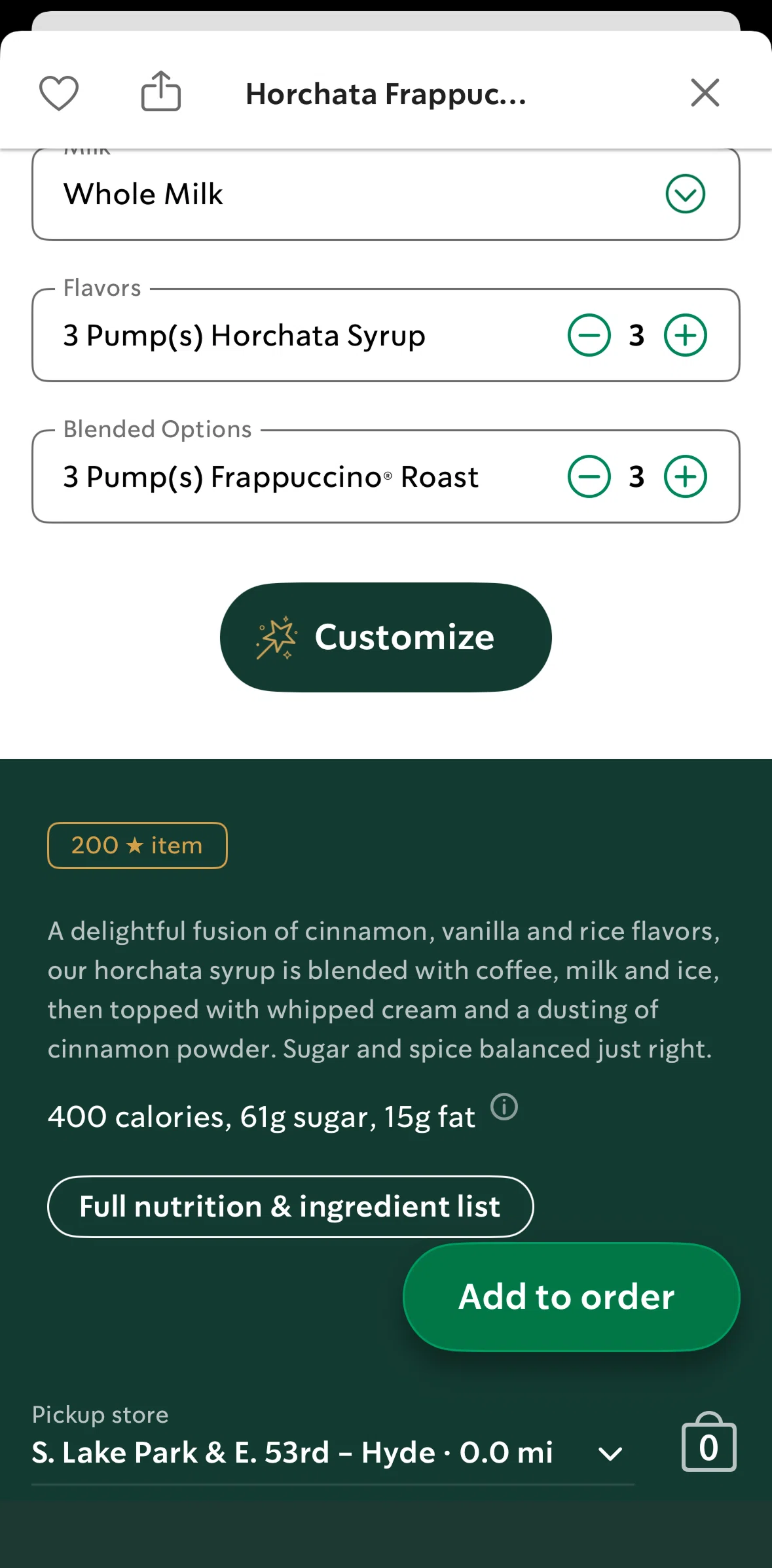 Starbucks Screen screen in the Full nutrition & ingredient list flow
