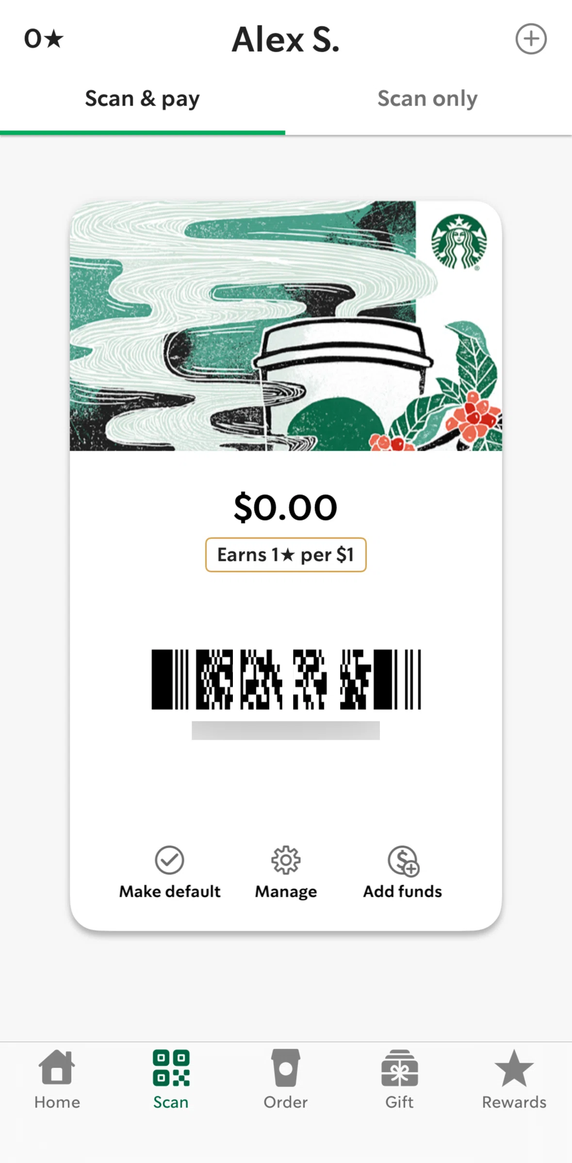 Starbucks Screen screen in the Manage a card (Starbucks card) flow