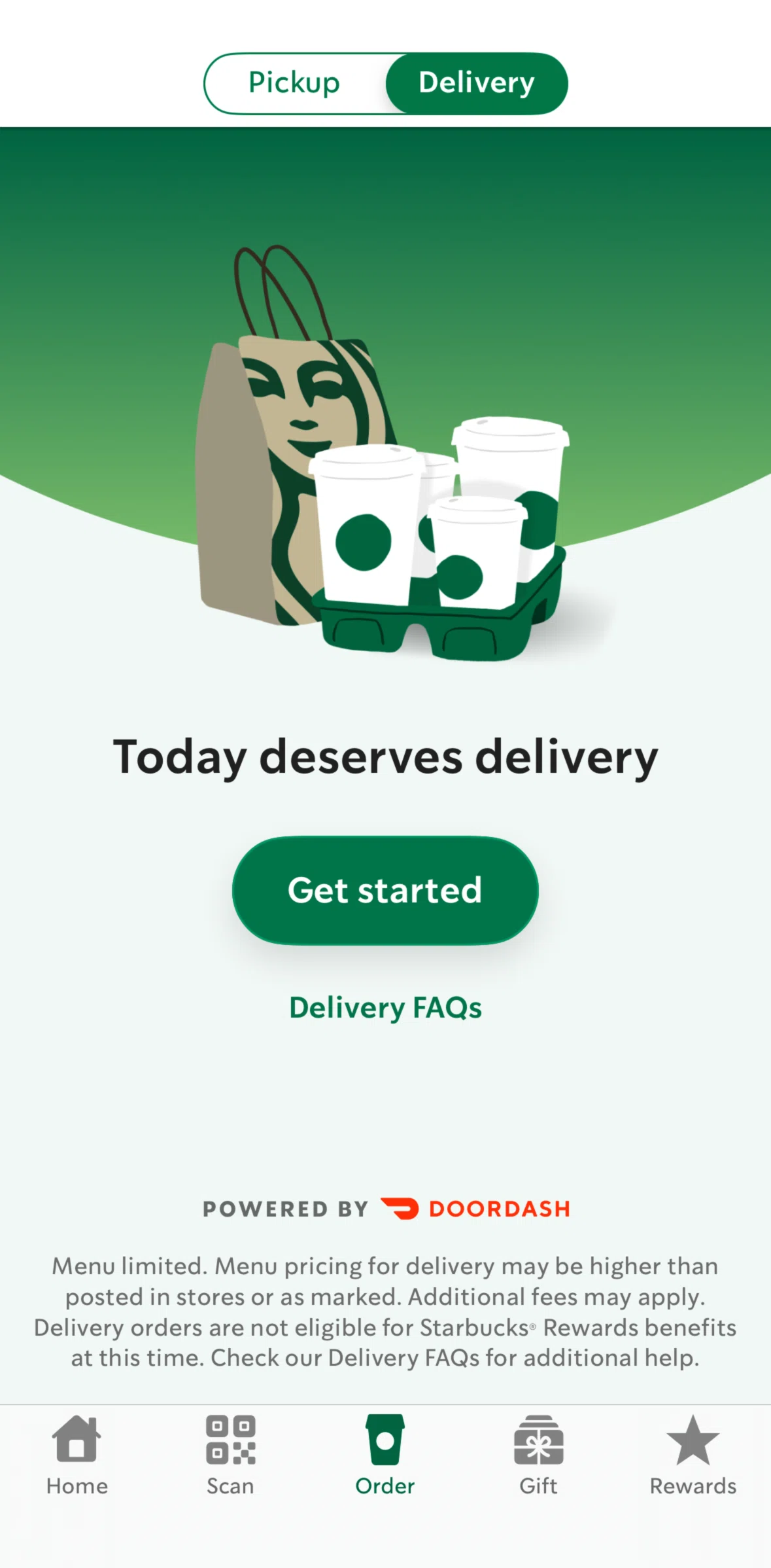 Starbucks Screen screen in the Ordering a menu (delivery) flow