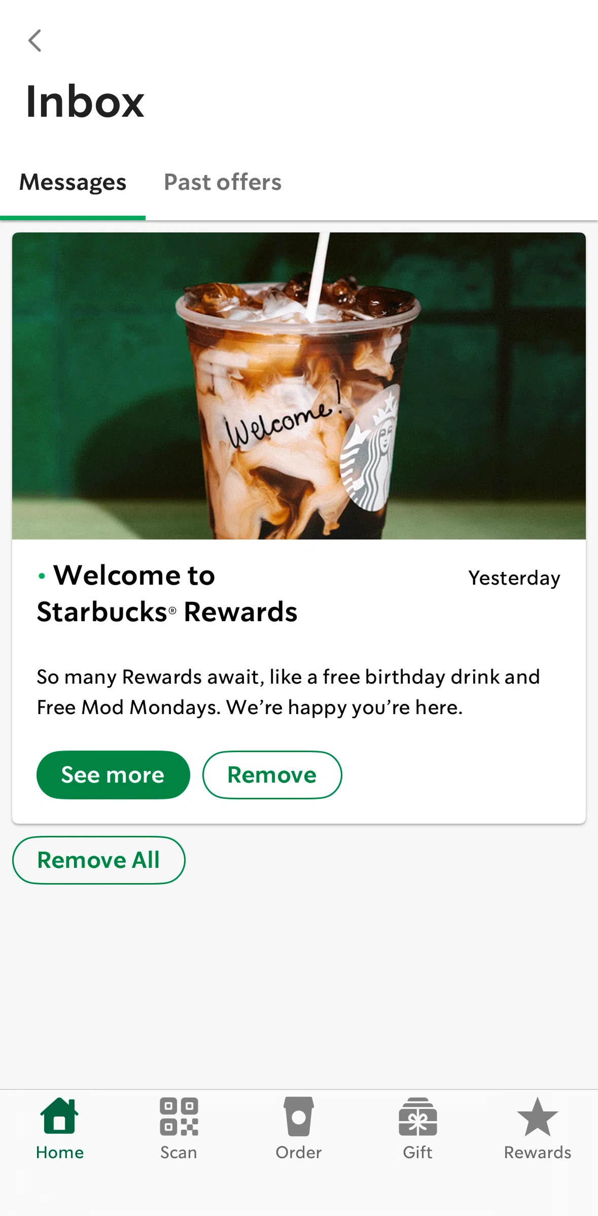 Starbucks Screen screen in the Removing a message flow