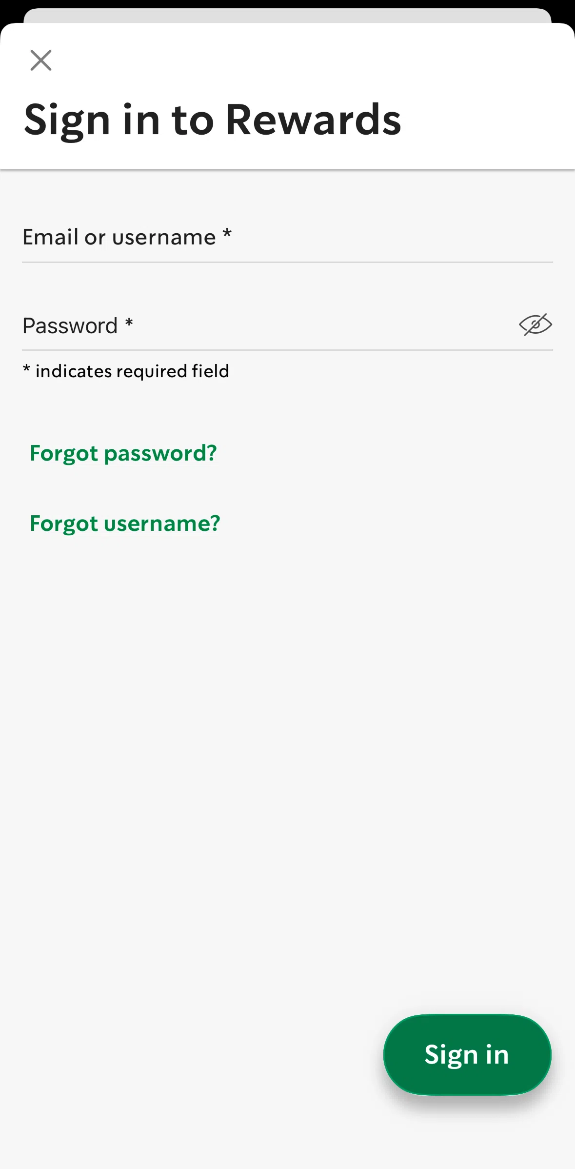 Starbucks Screen screen in the Reset password flow