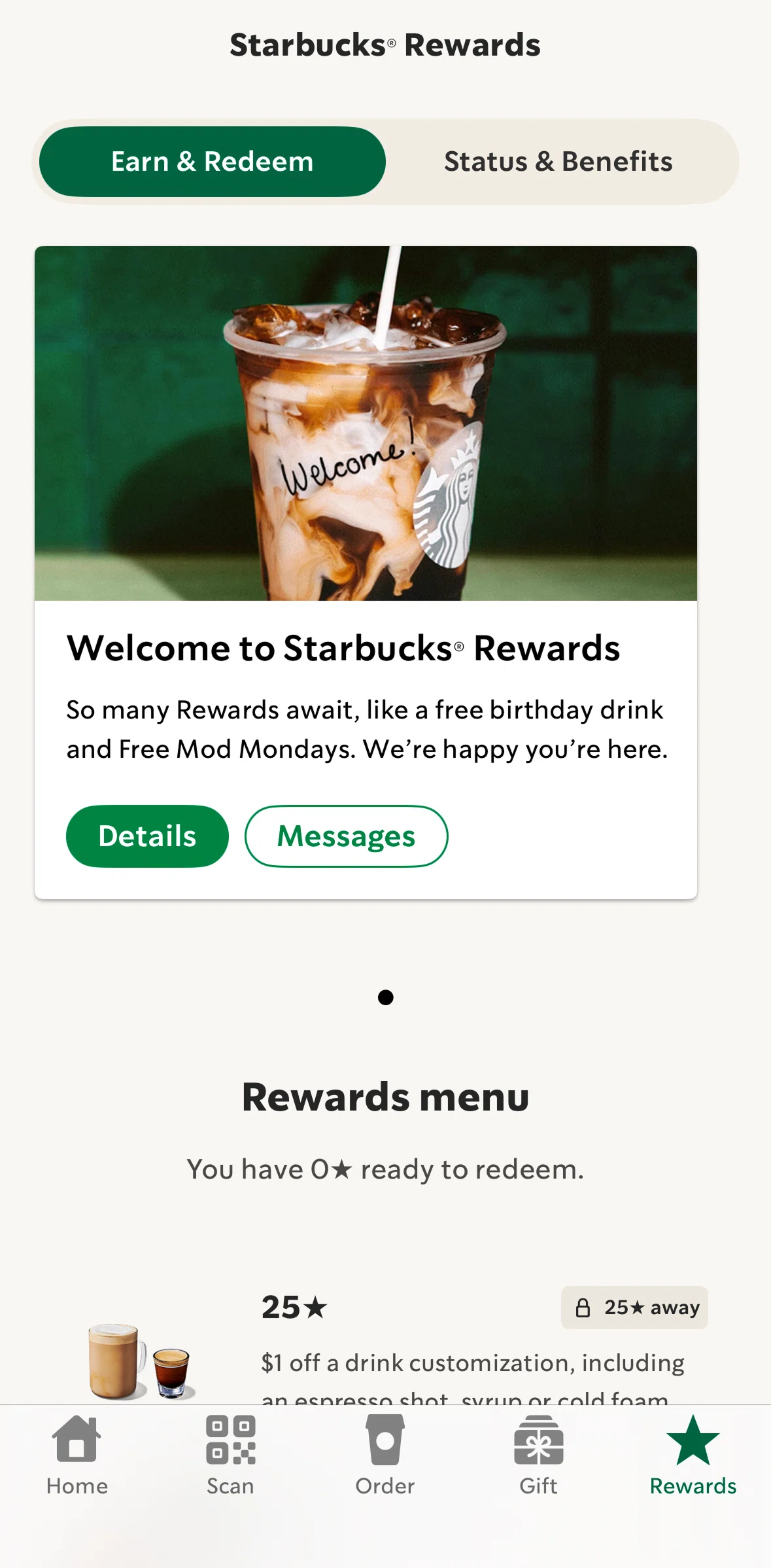 Starbucks Screen screen in the Rewards detail flow