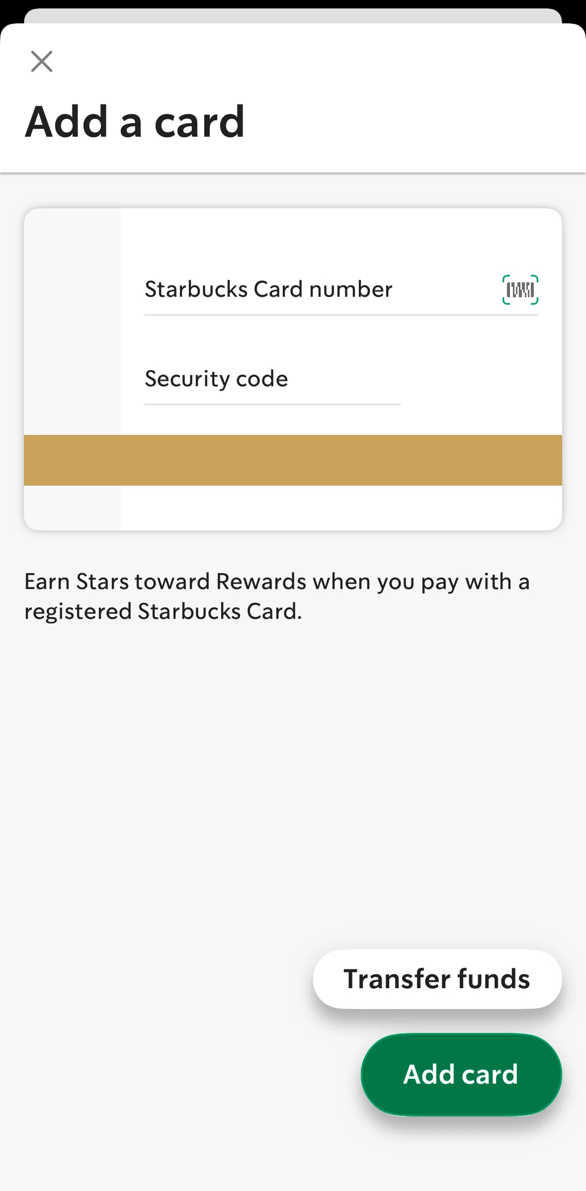 Starbucks Screen screen in the Scan a card flow