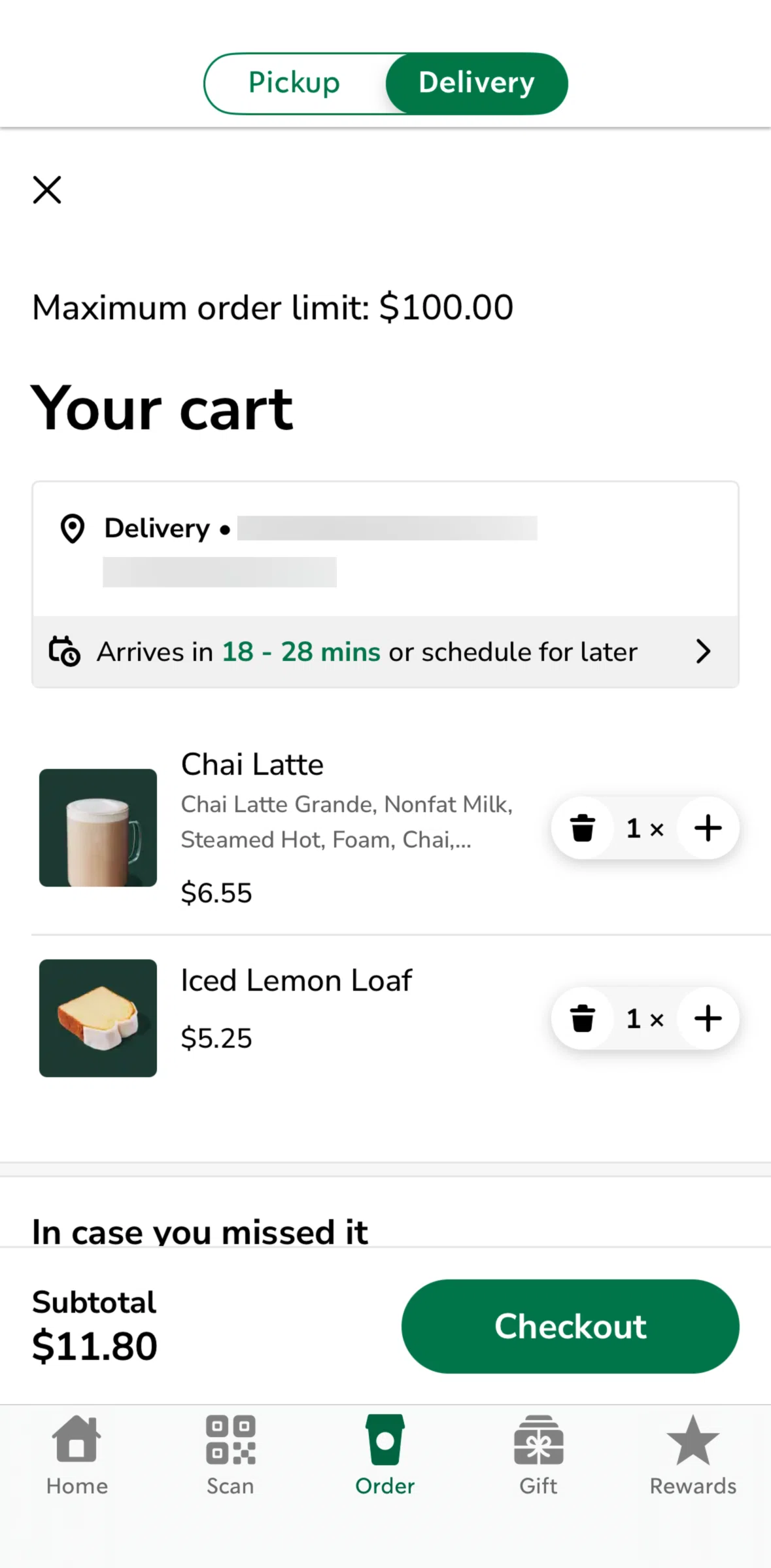 Starbucks Screen screen in the Scheduling a delivery flow