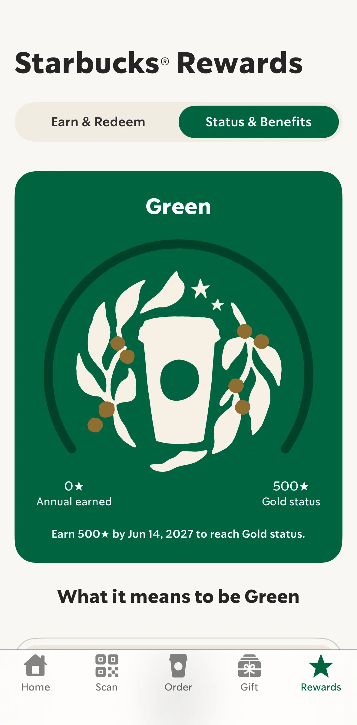 Starbucks Screen screen in the Status & benefits flow