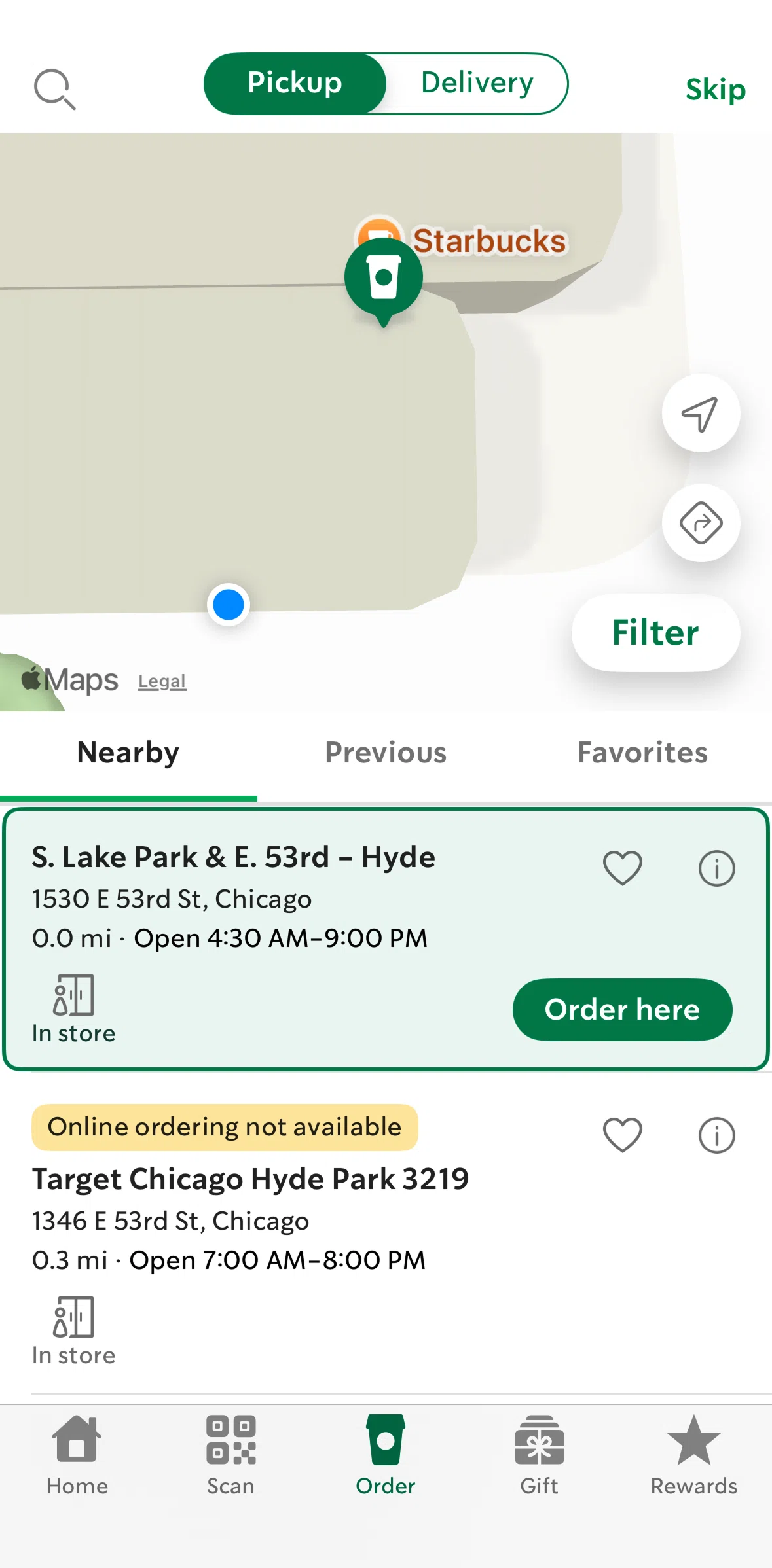 Starbucks Screen screen in the Store menu flow