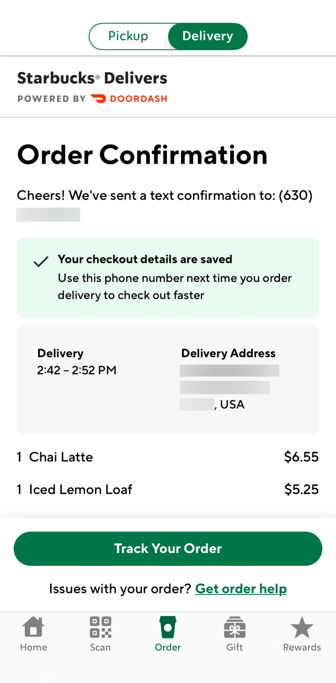 Starbucks Screen screen in the Track order flow