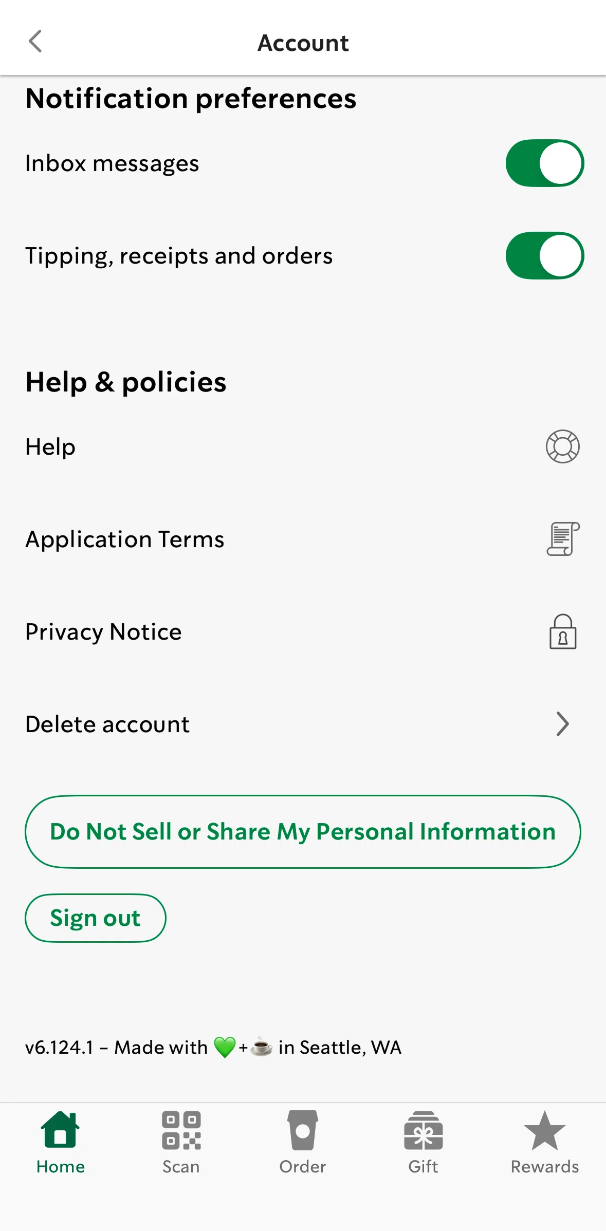 Starbucks Screen screen in the Tracking FAQs flow
