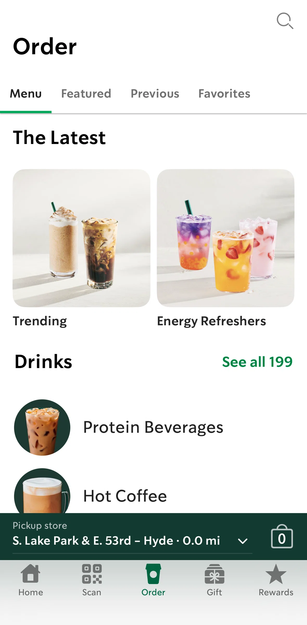 Starbucks Screen screen in the Trending menu flow