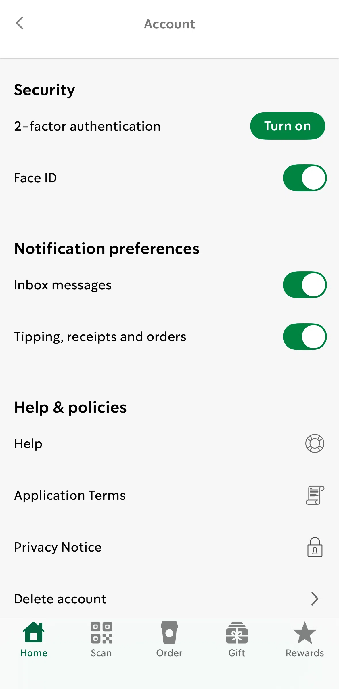 Starbucks Screen screen in the Turning off face ID flow