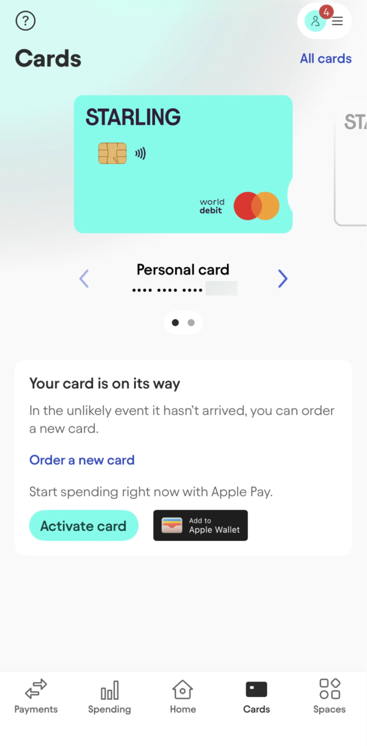 Starling Screen screen in the Activating a card flow