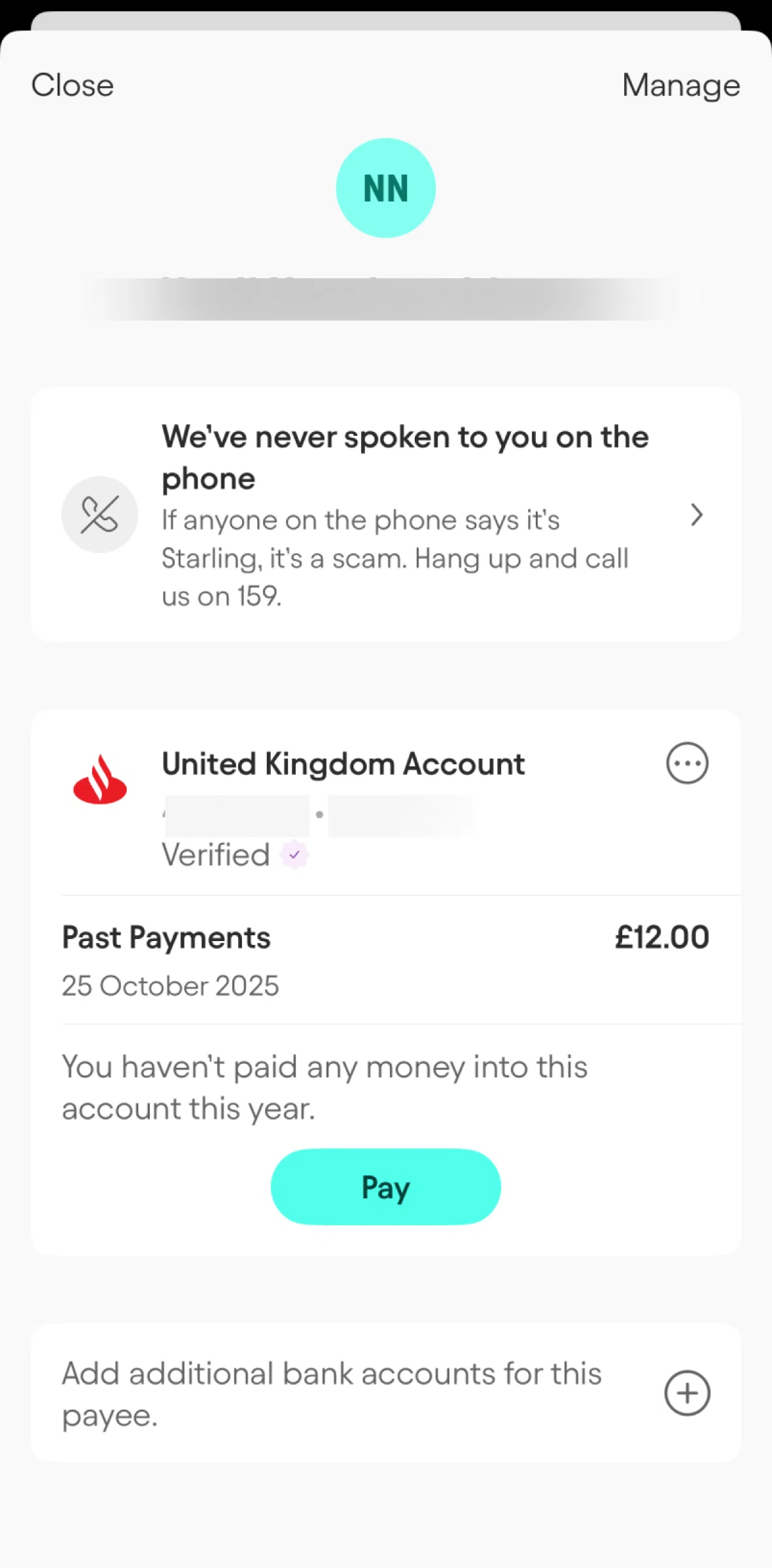 Starling Screen screen in the Adding an account (payee) flow