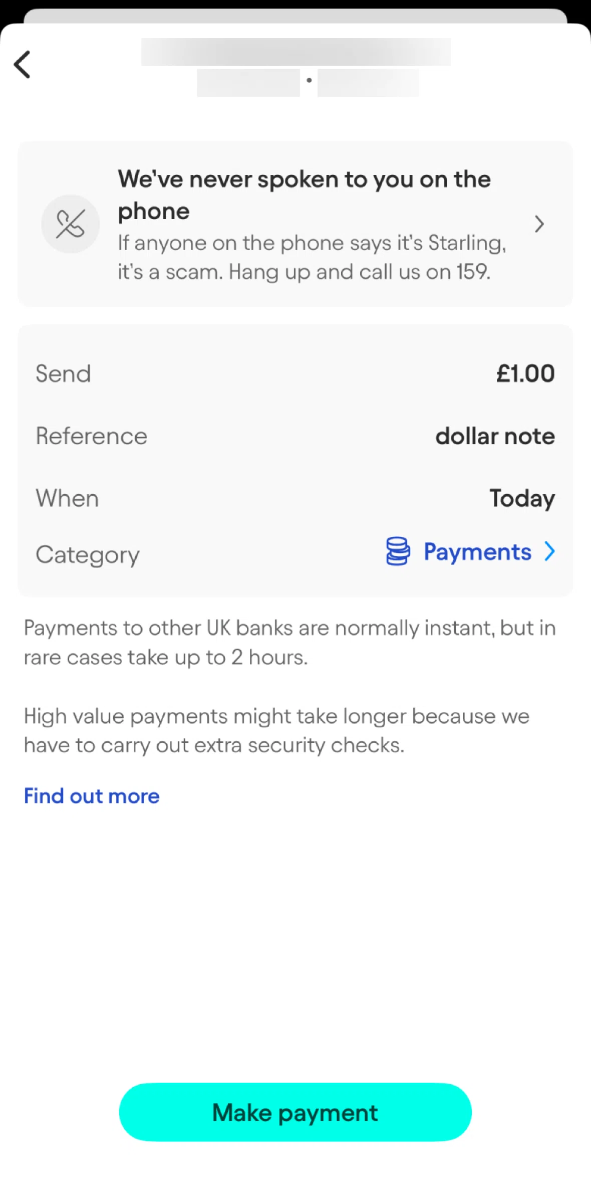 Starling Screen screen in the Changing a category (payment) flow