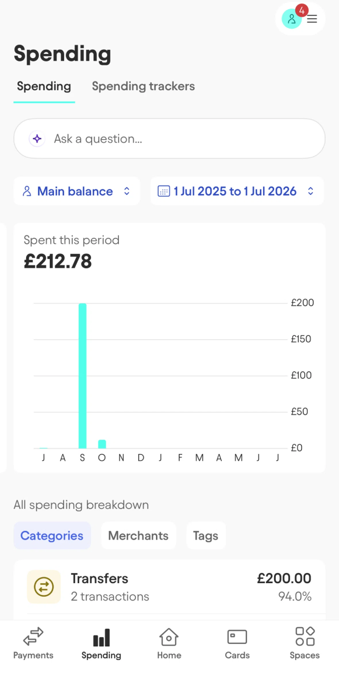 Starling Screen screen in the Filter spending (date) flow