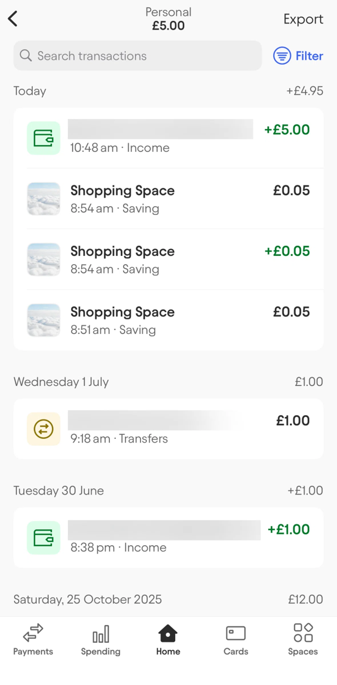 Starling Screen screen in the Filtering transactions flow