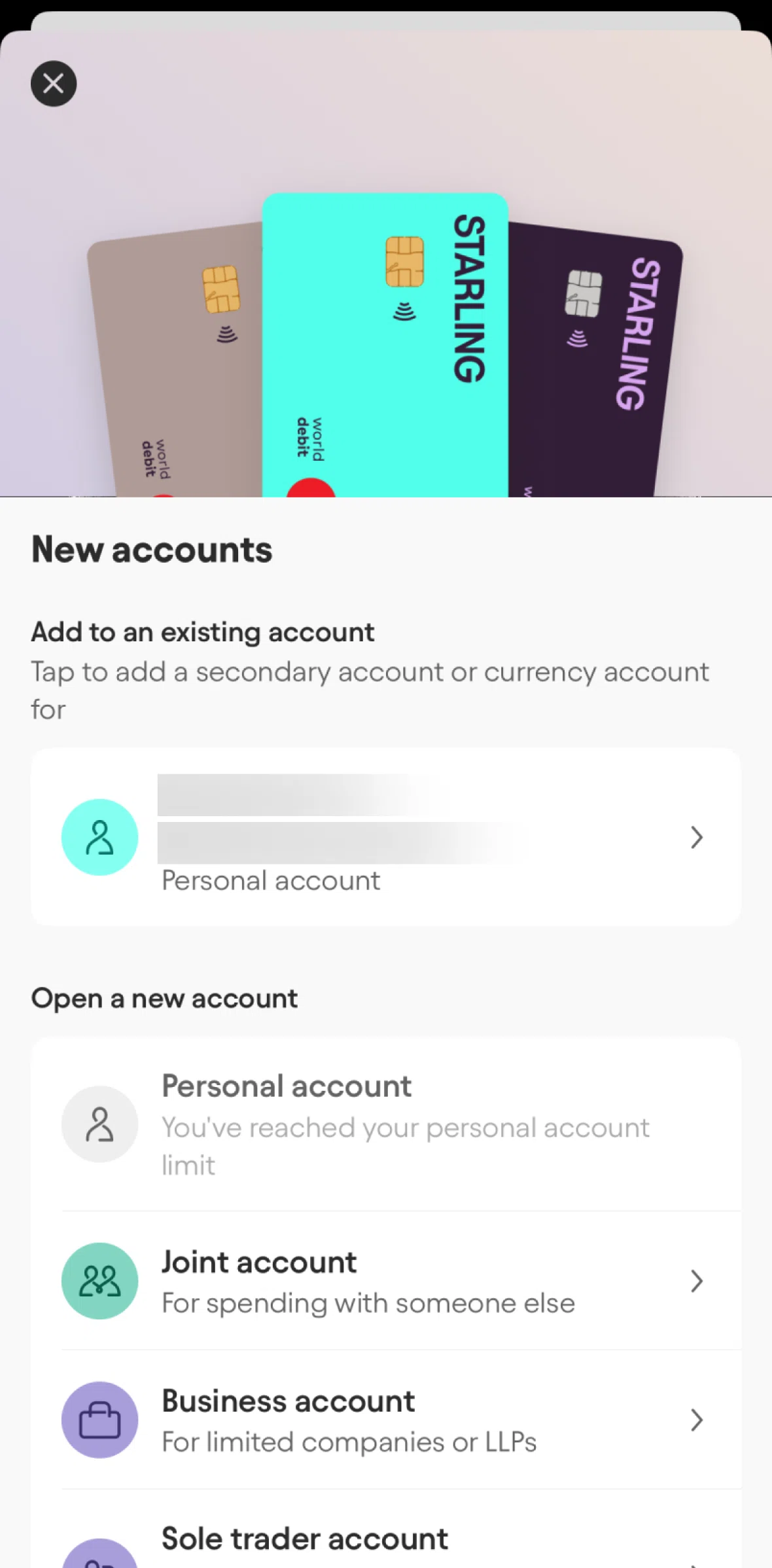 Starling Screen screen in the Open an account (join) flow