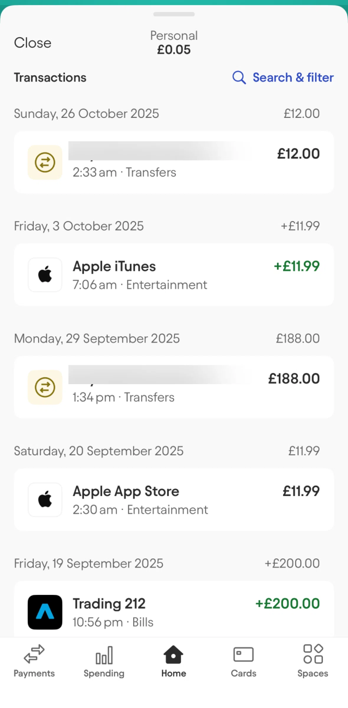 Starling Screen screen in the Searching transactions flow