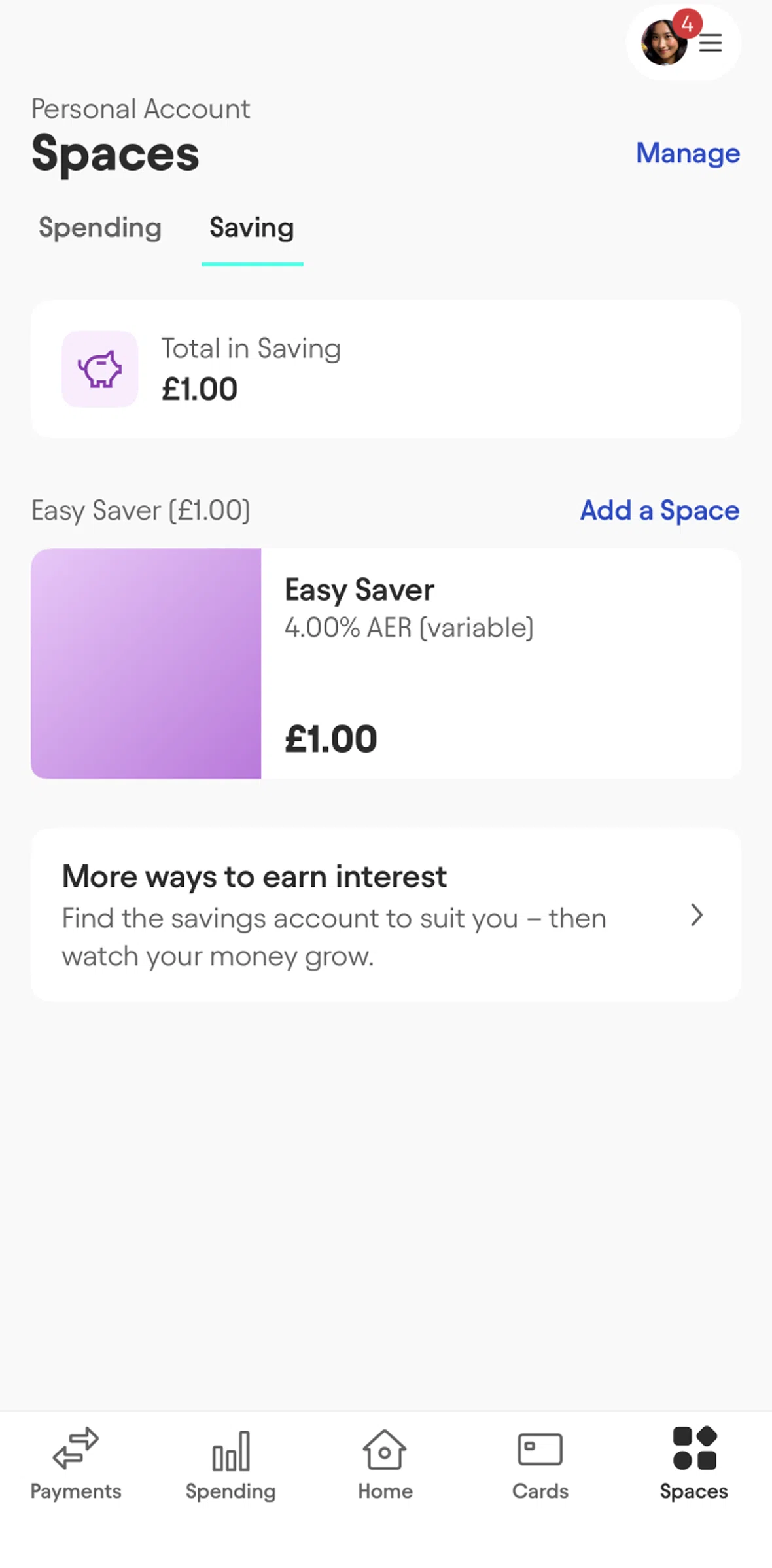 Starling Screen screen in the Space detail (savings) flow