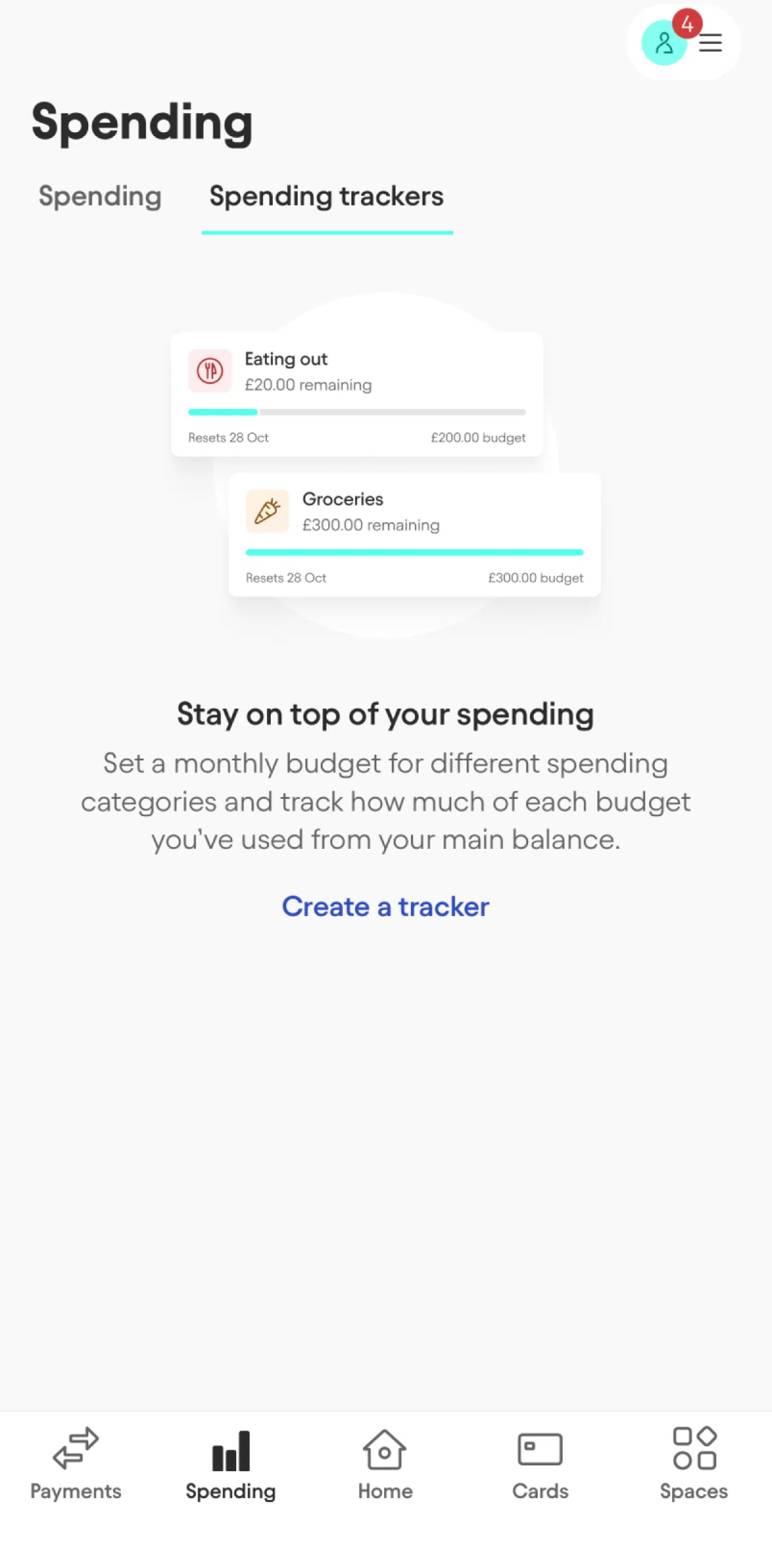 Starling Screen screen in the Spending trackers flow