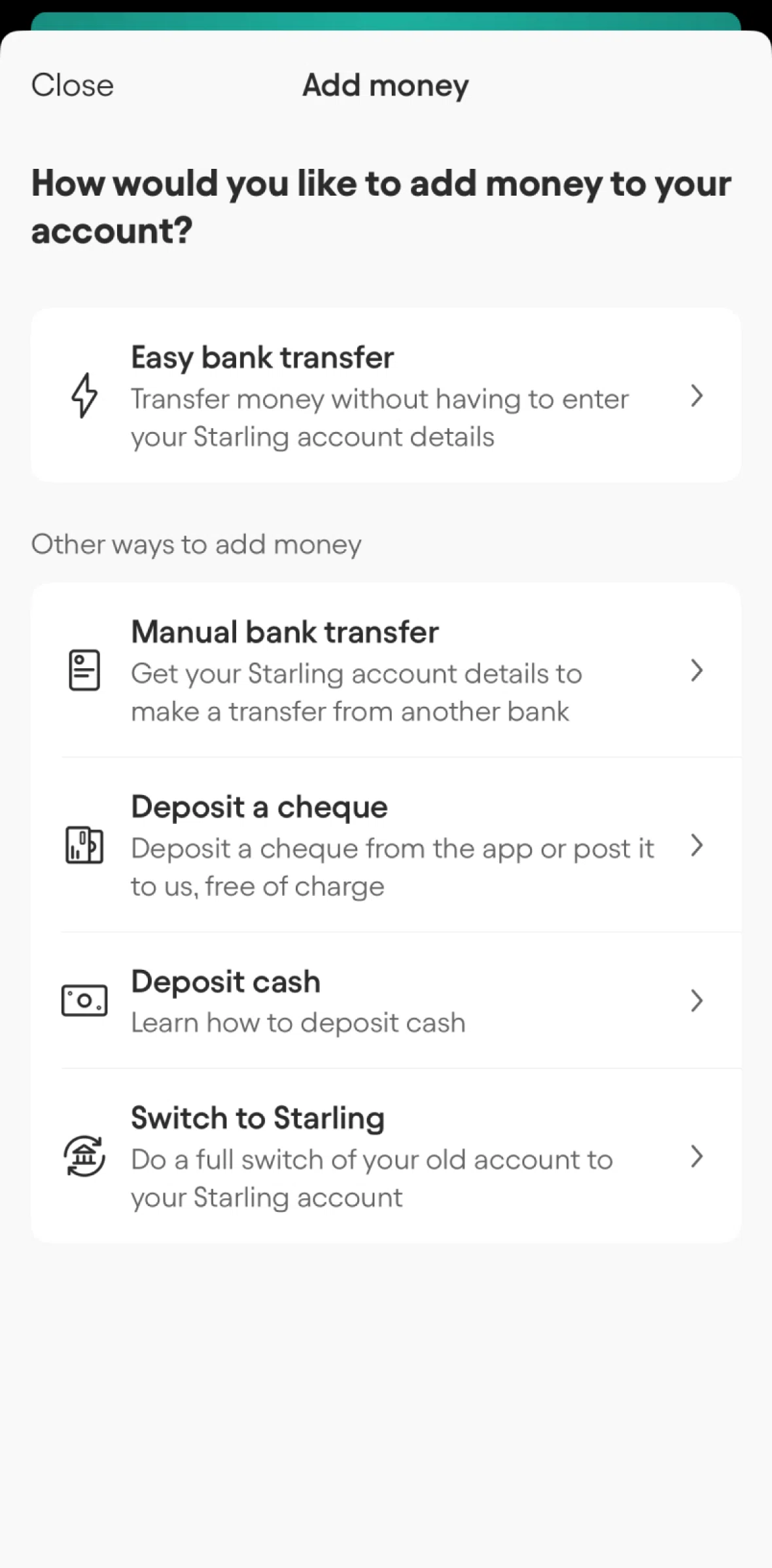 Starling Screen screen in the Switch to Starling account flow