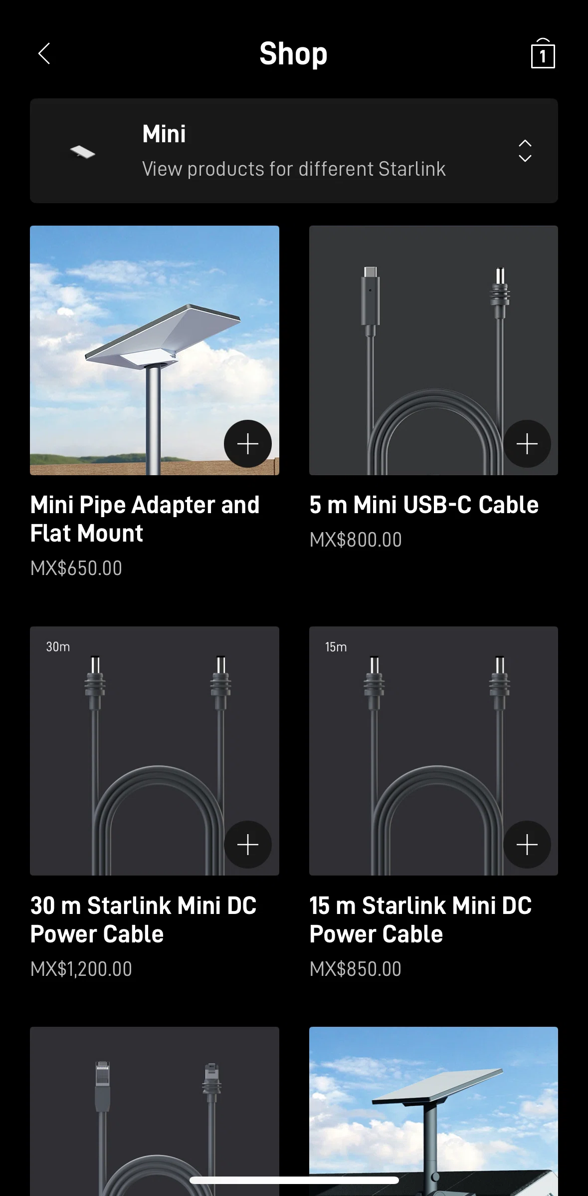 Starlink Screen screen in the Adding to cart flow