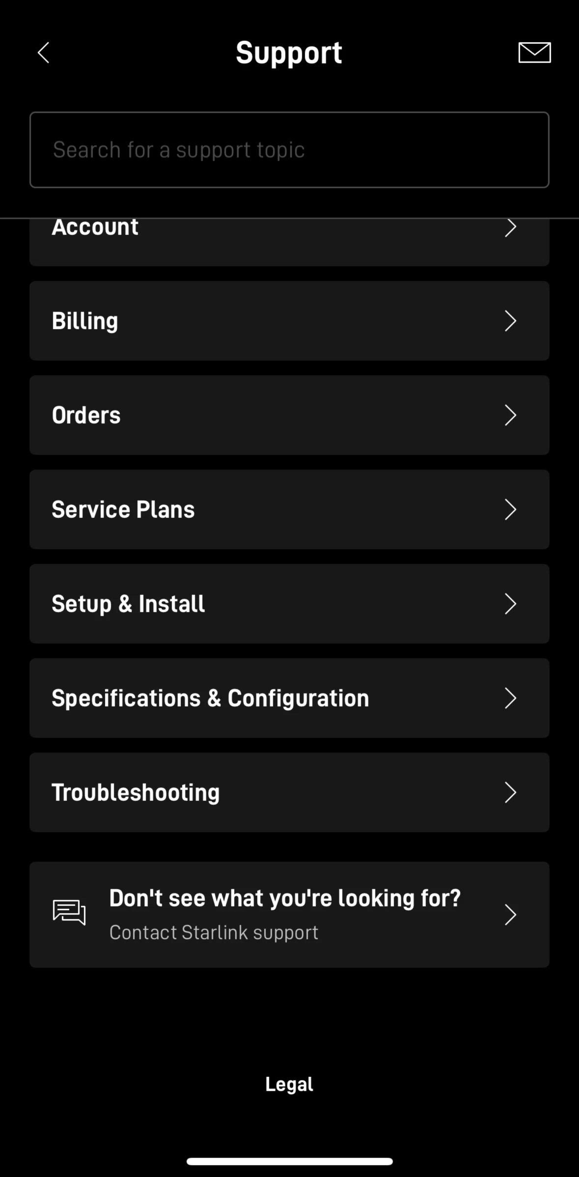 Starlink Screen screen in the Chatting with support flow