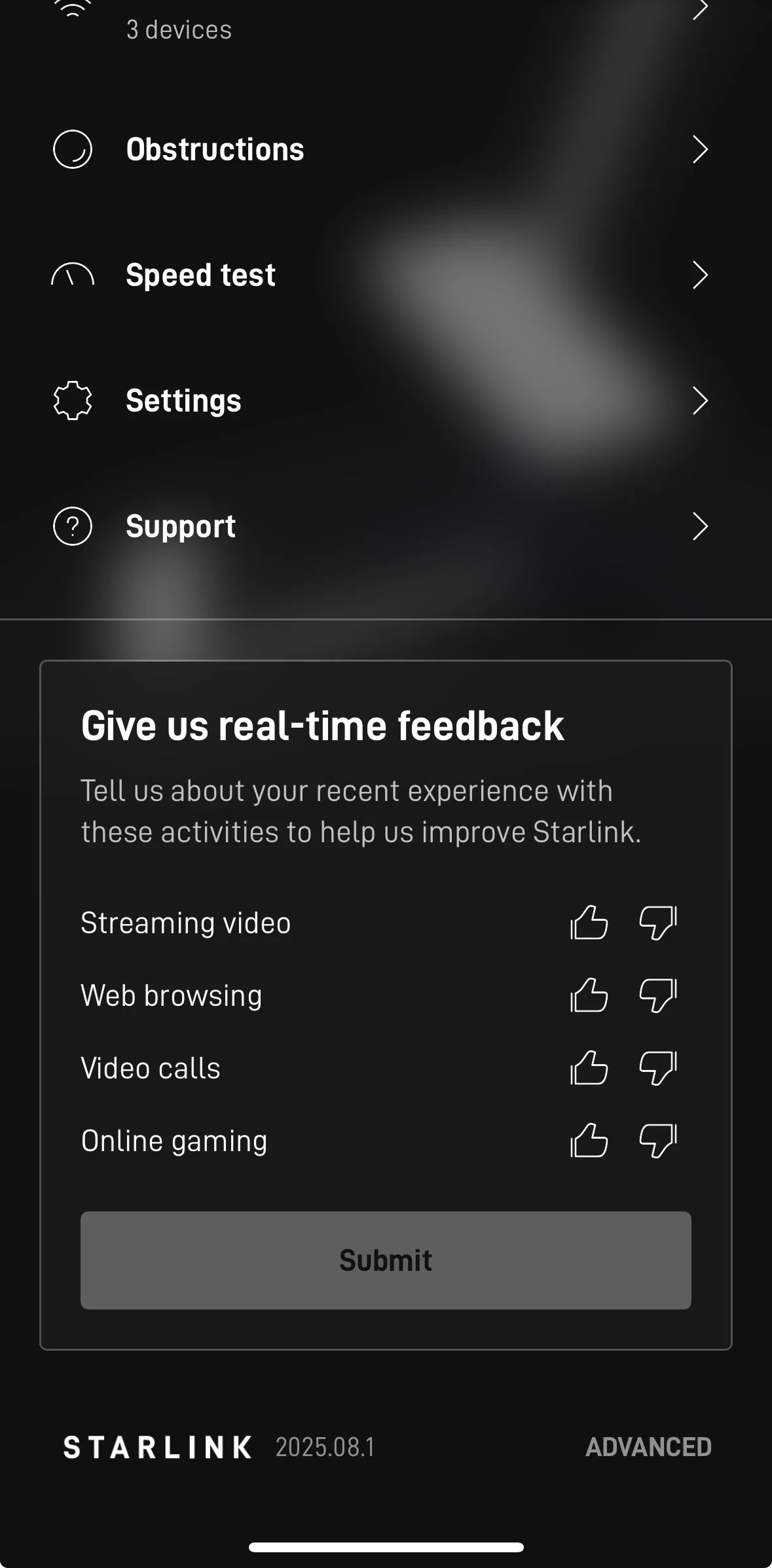 Starlink Screen screen in the Giving feedback flow