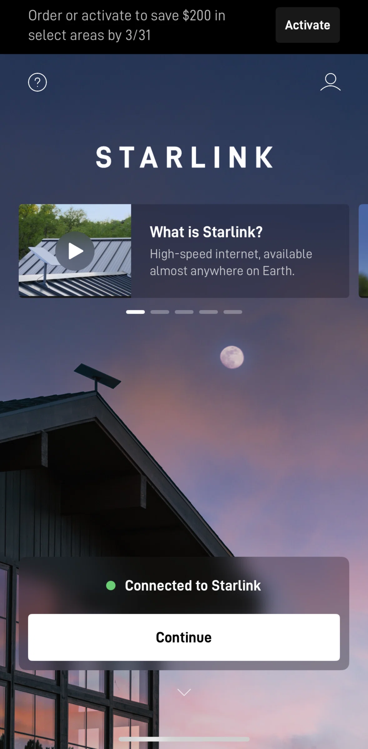 Starlink Screen screen in the Home flow