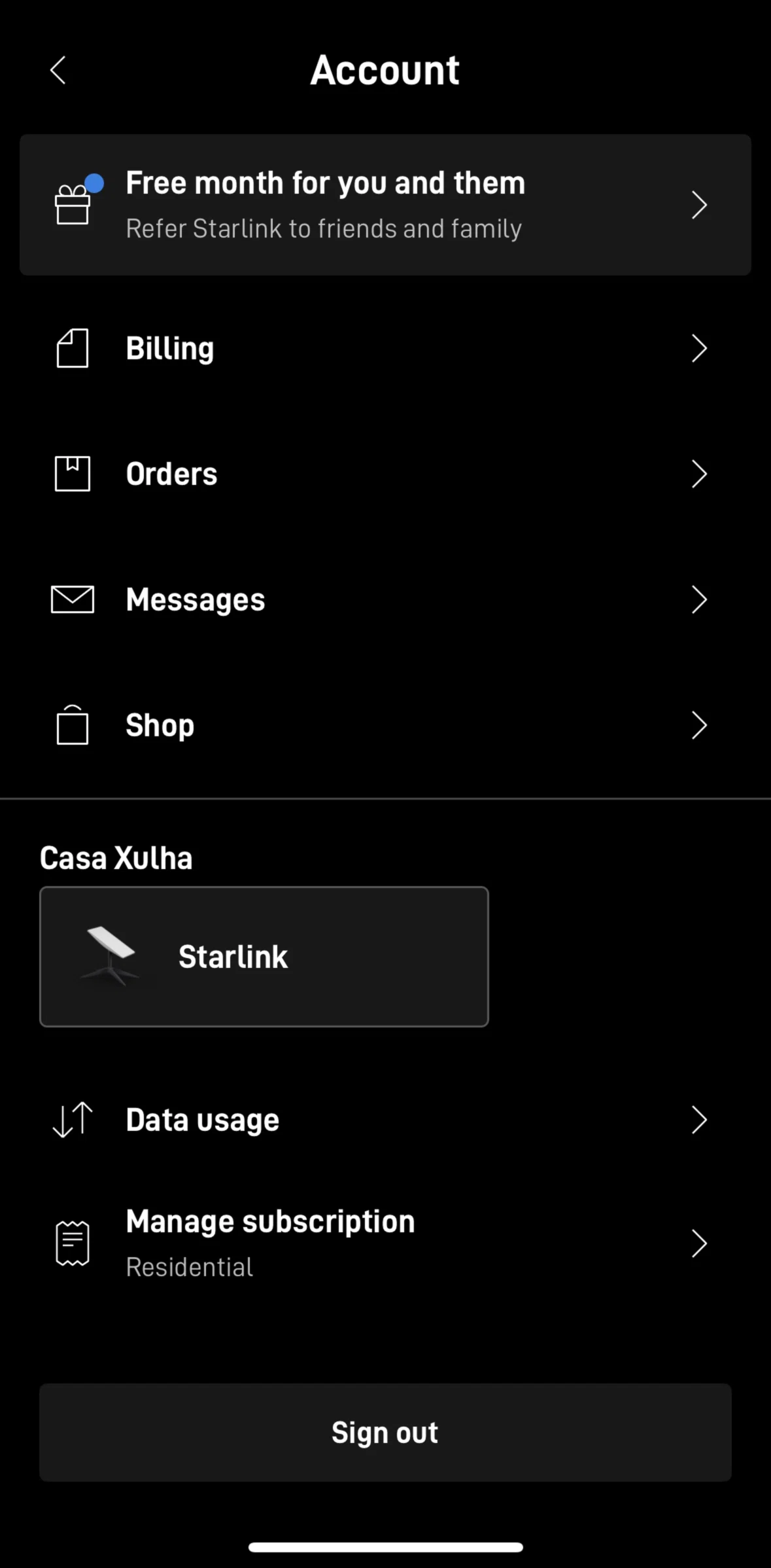Starlink Screen screen in the Manage subscription flow