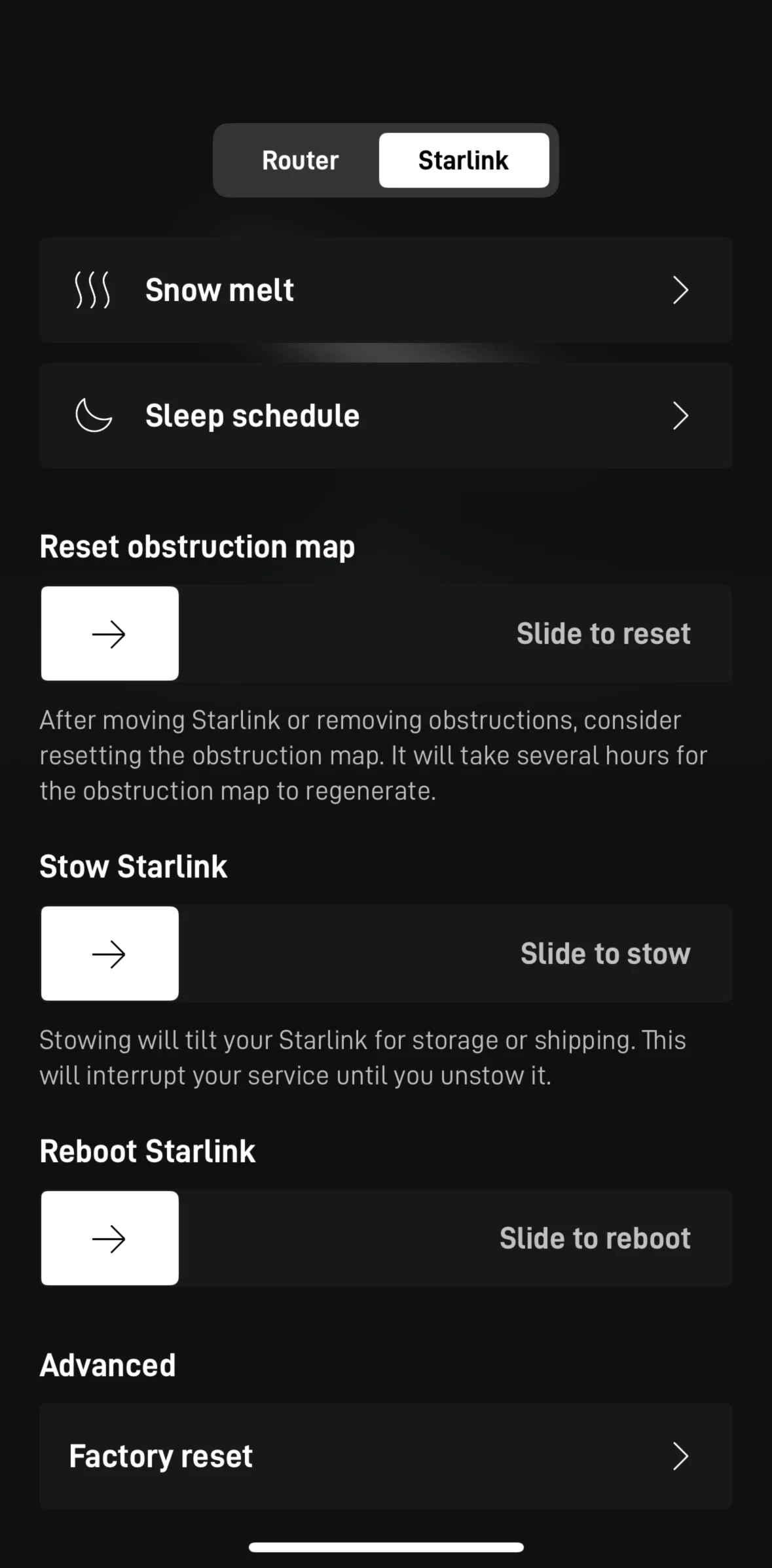 Starlink Screen screen in the Resetting obstruction map flow